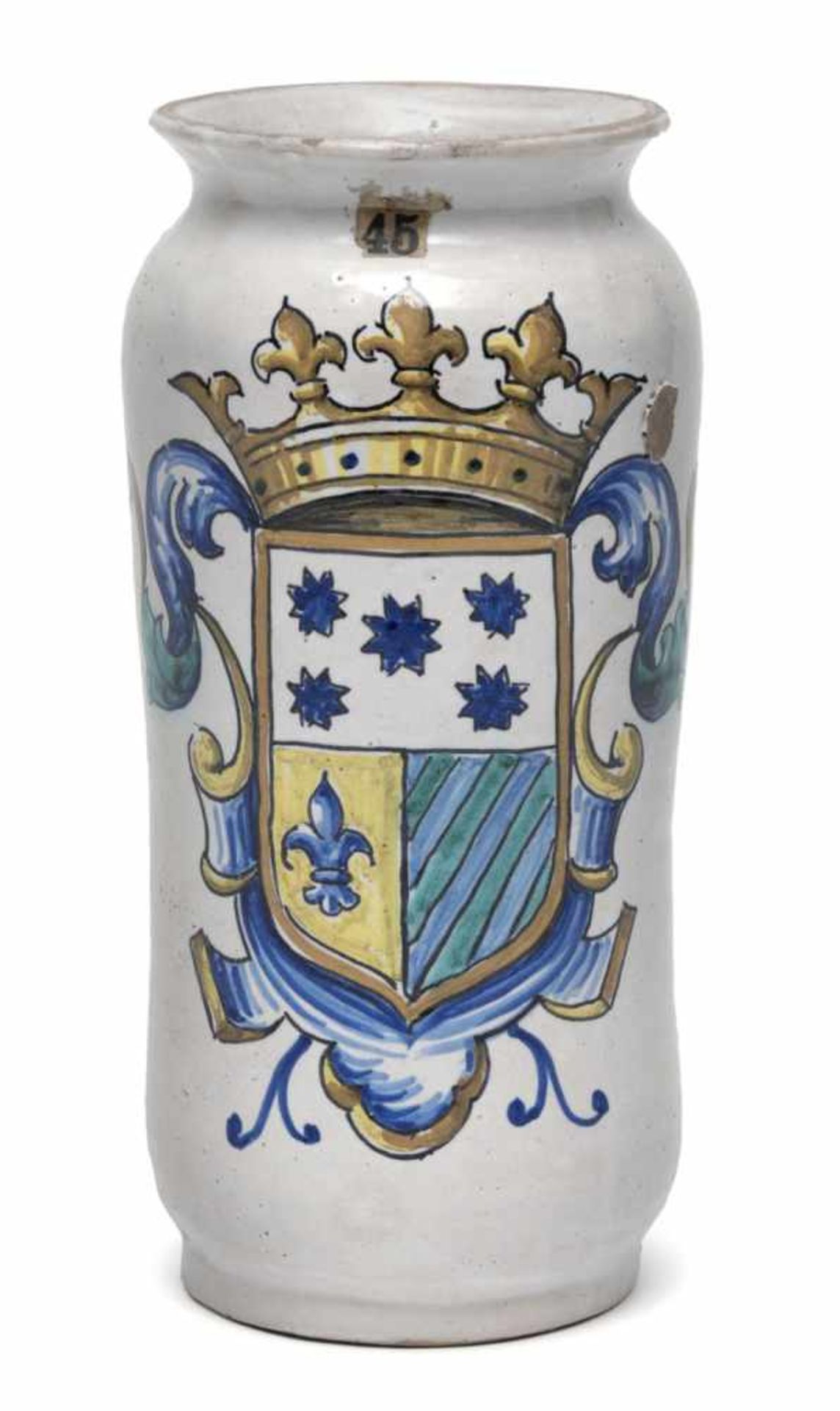 AN ITALIAN MAIOLICA ALBARELLO WITH COAT-OF-ARMS, 18th century. Minor hairline crack, minor glaze