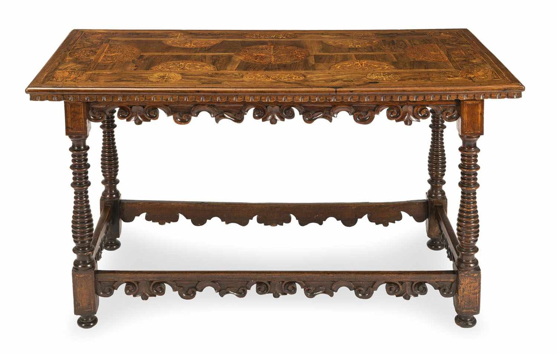 A Baroque walnut a.o. table, 18th/19th ct. Rest. Add. Signs of aging.
