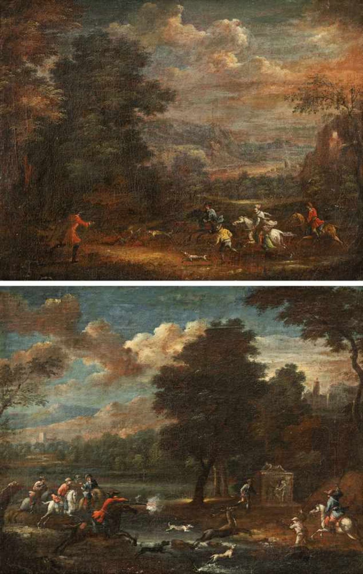 DUTCH SCHOOL (17th ct.). Two hunting scenes. A pair. Oil/canvas/canvas. Rest.