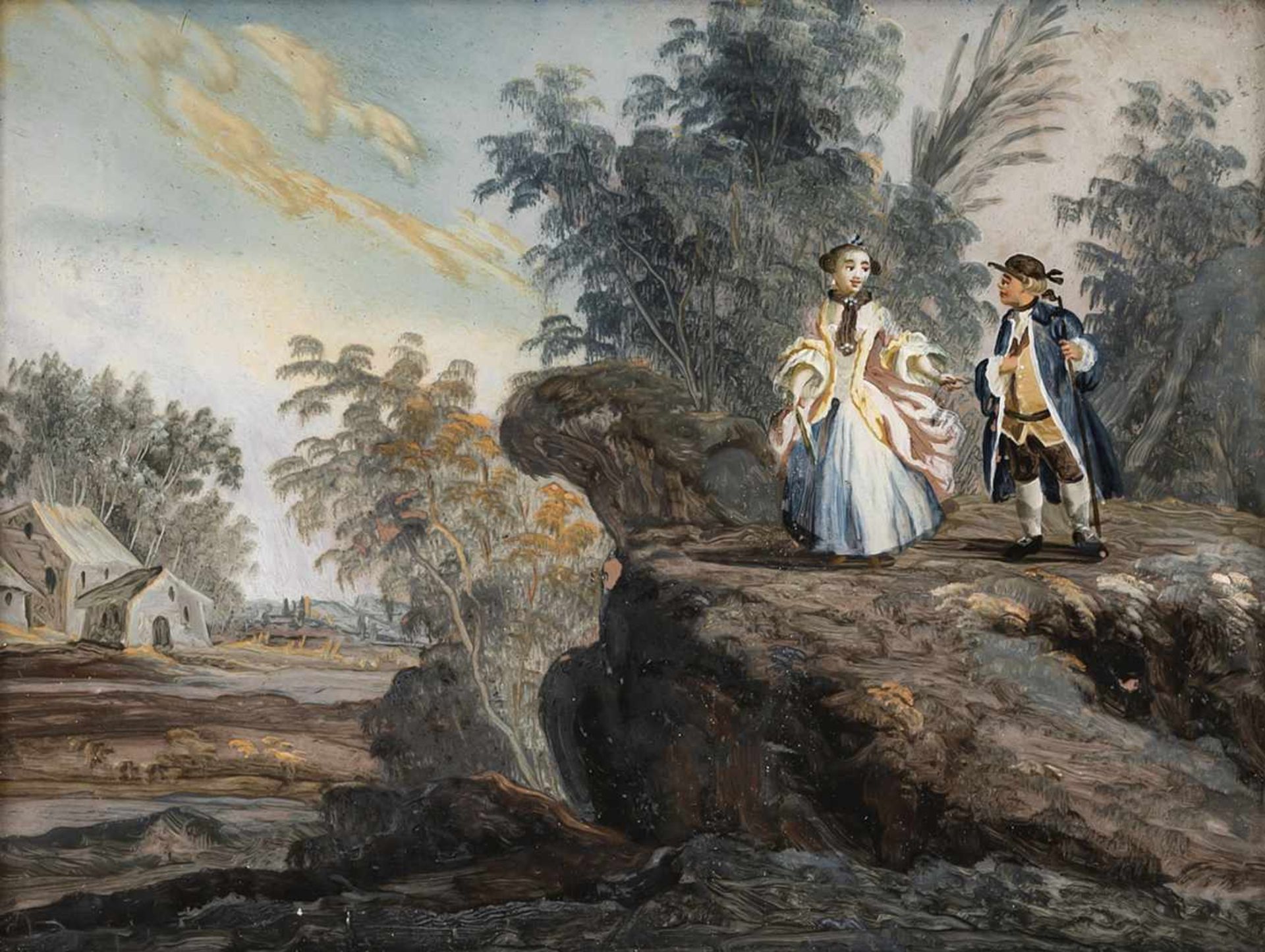 A GLASS PAINTING ON REVERSE, Augsburg, middle of 18th century. A Rococo couple in a river landscape.