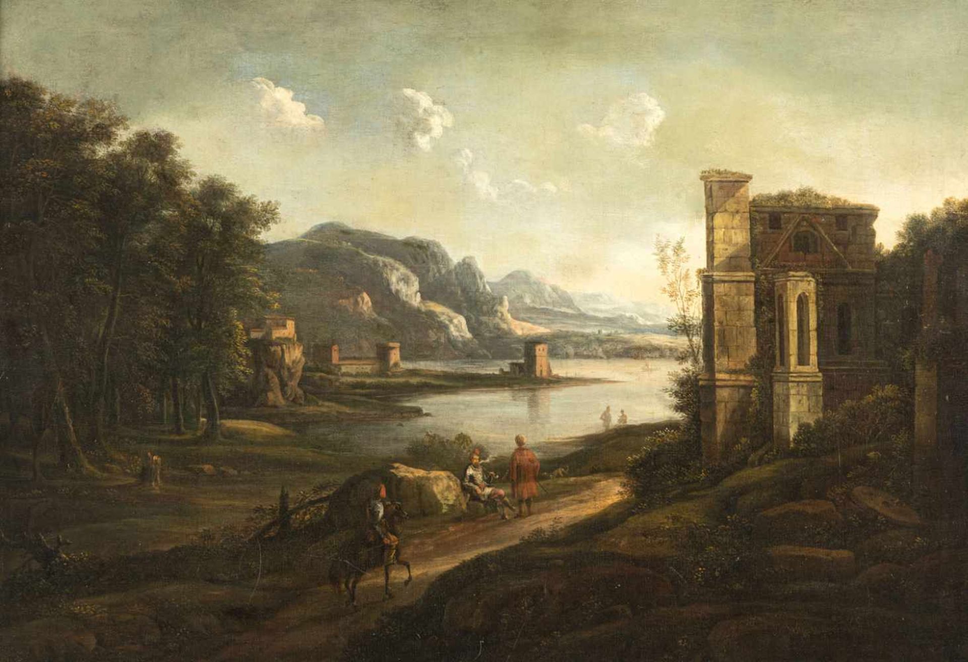 BEMMEL, WILHELM VON (circle, 1630-1708). Extensive river landscape with ruins and travellers. Oil/