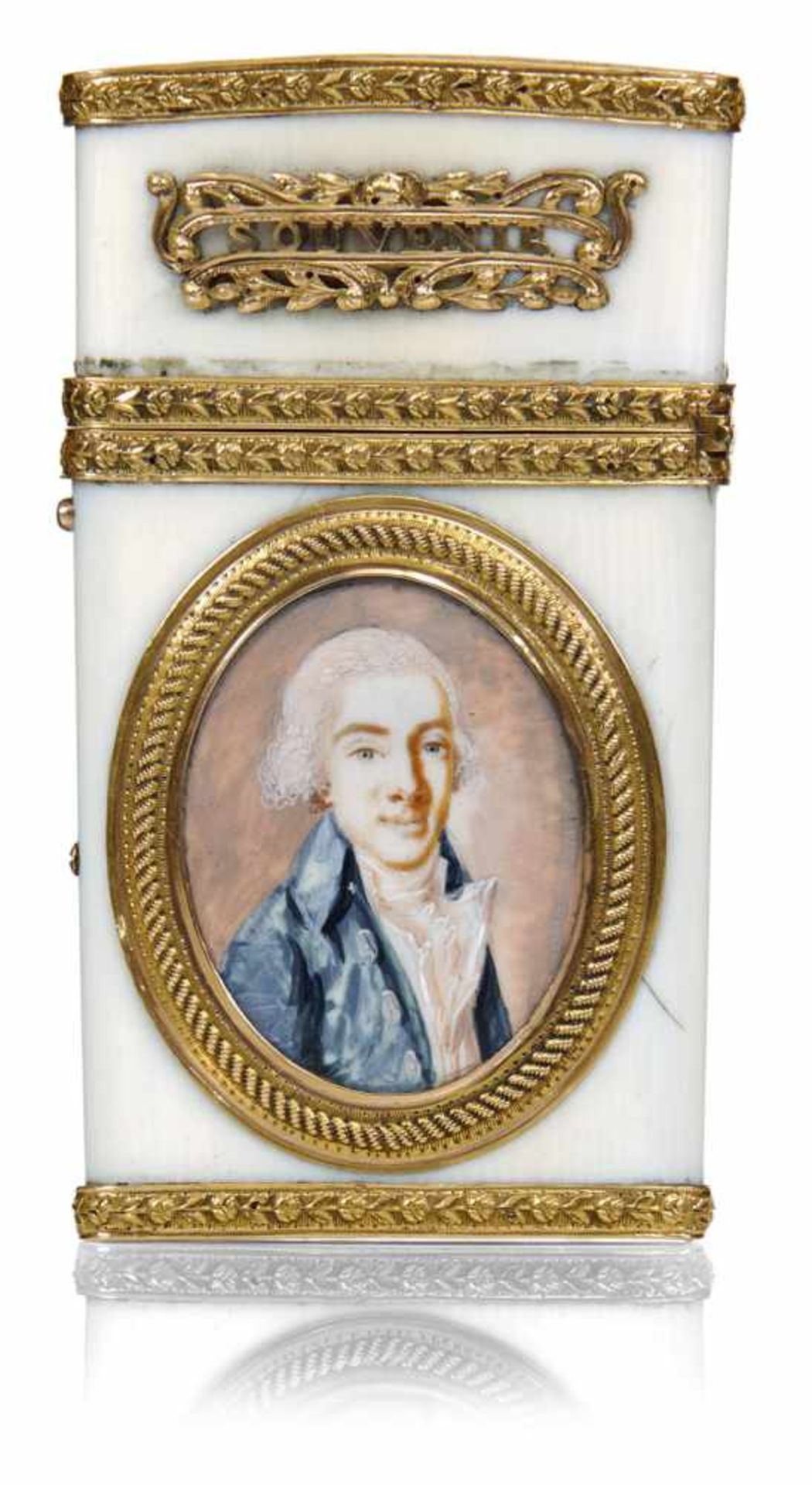 FINE GOLD MOUNTED IVORY CASE with a portrait miniature of a gentleman, gold monogram "RMC" on blue - Bild 2 aus 2