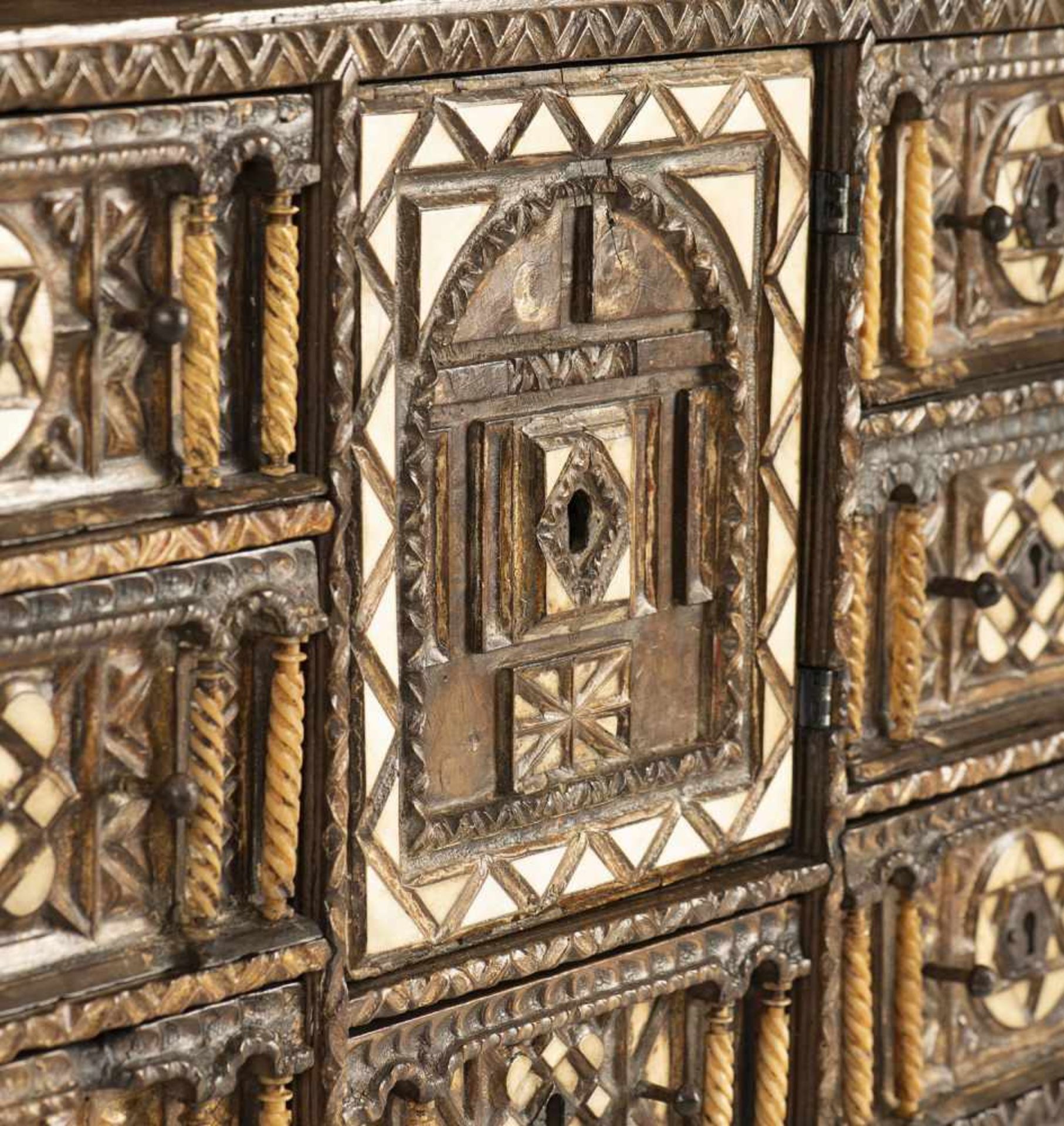 A Renaissance iron mounted, bone inlaid walnut cabinet, Spain, c. 1600. Rest. Add. Minor damages. - Bild 4 aus 7