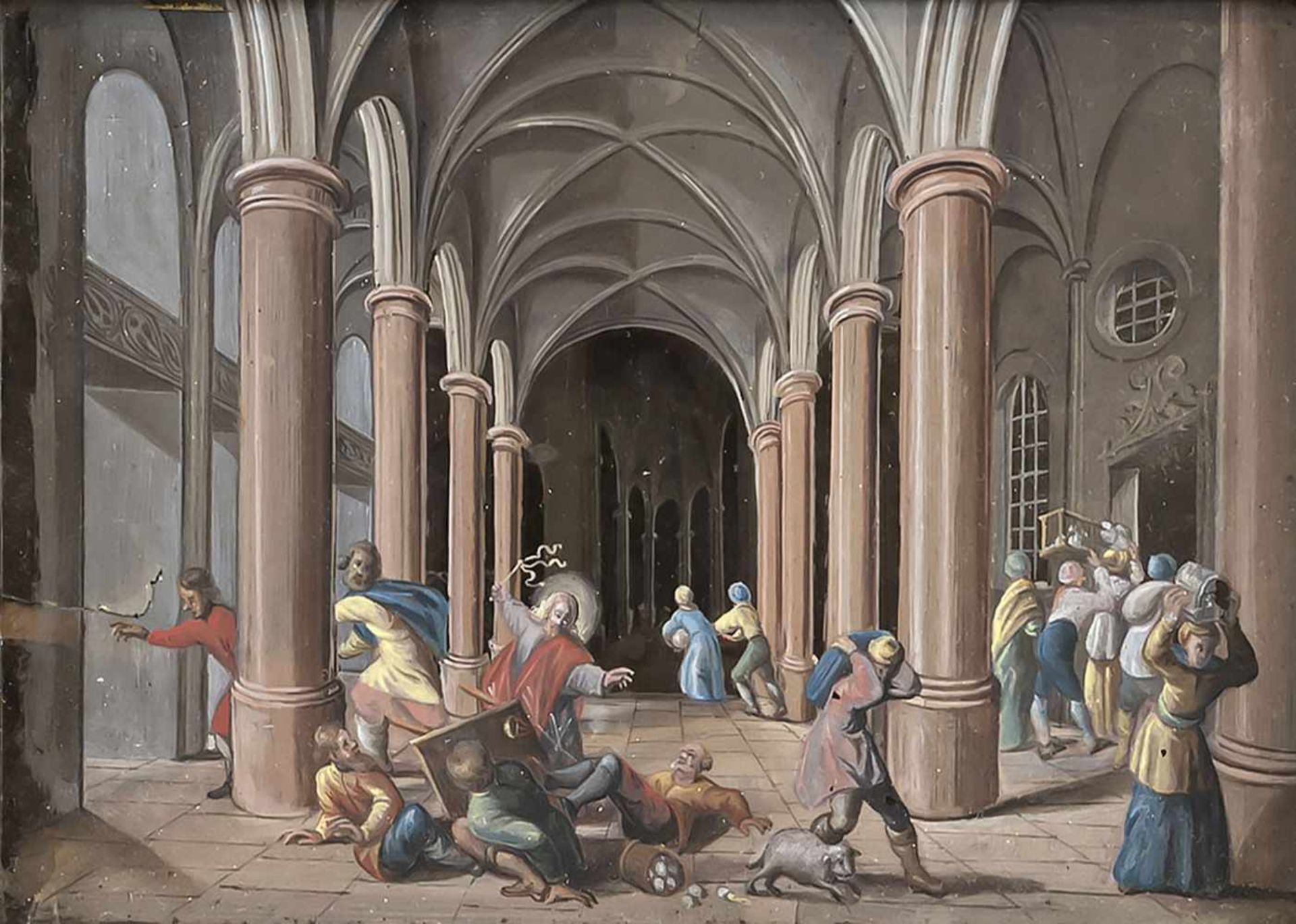 A GOUACHE "COULISSE" PAINTING WITH PERSPECTIVE VIEW depicting Jesus expelling the merchants and