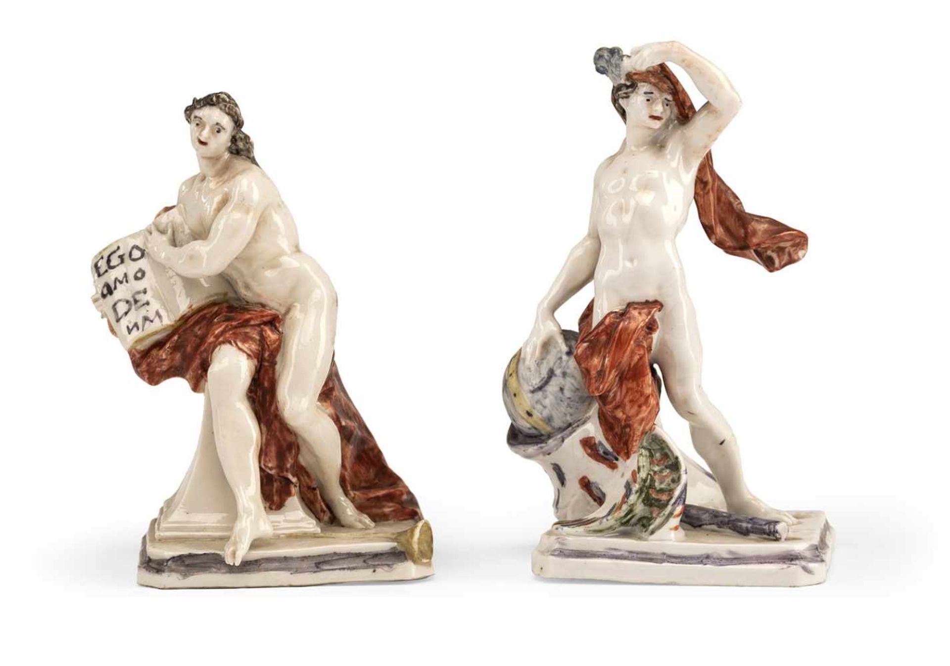 TWO NYMPHENBURG COLD PAINTED PORCELAIN FIGURES, c. 1765/70 depicting Astronomy and Fame. Marked in