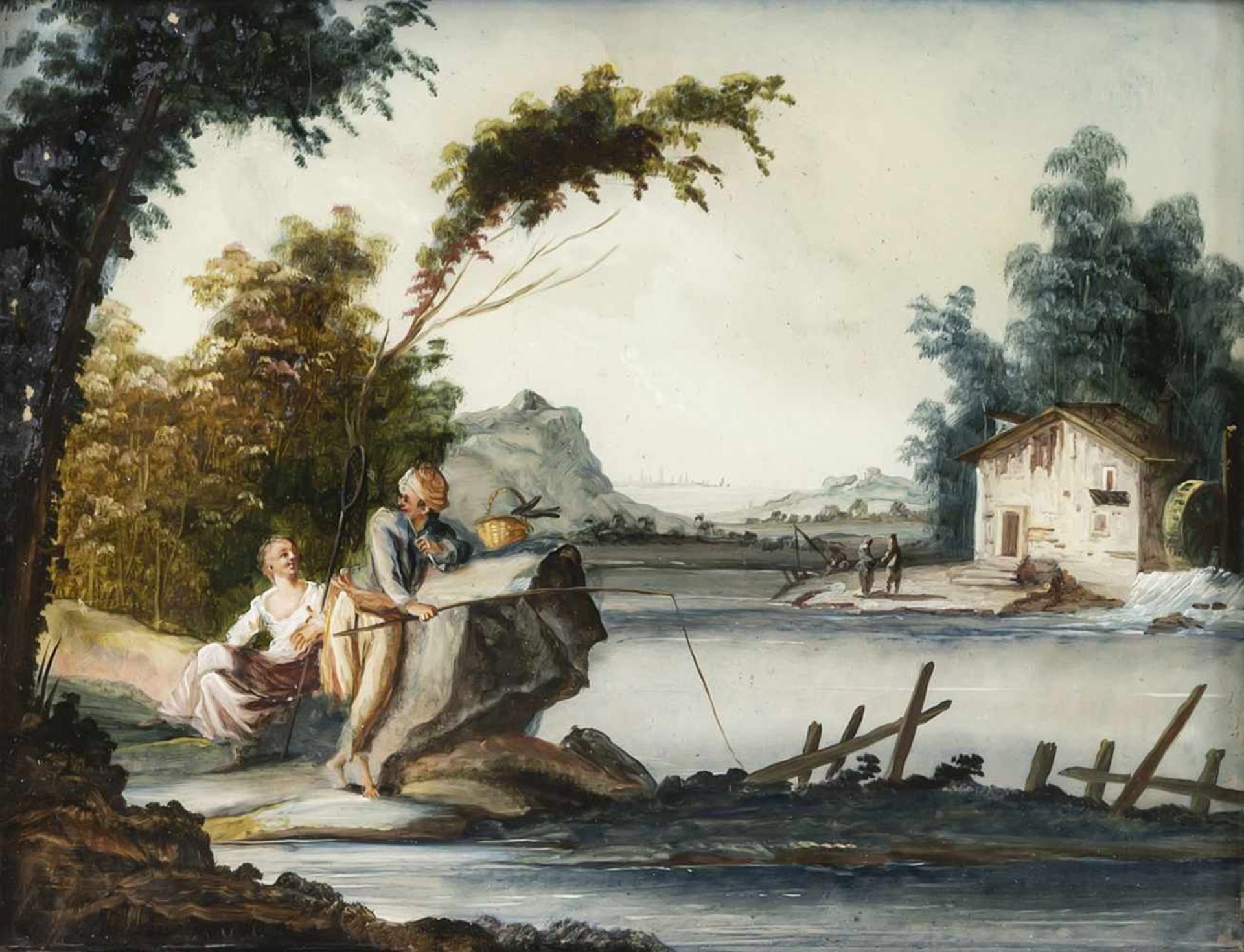 A GLASS PAINTING ON REVERSE, Augsburg, middle of 18th century. A fisher's couple in a river
