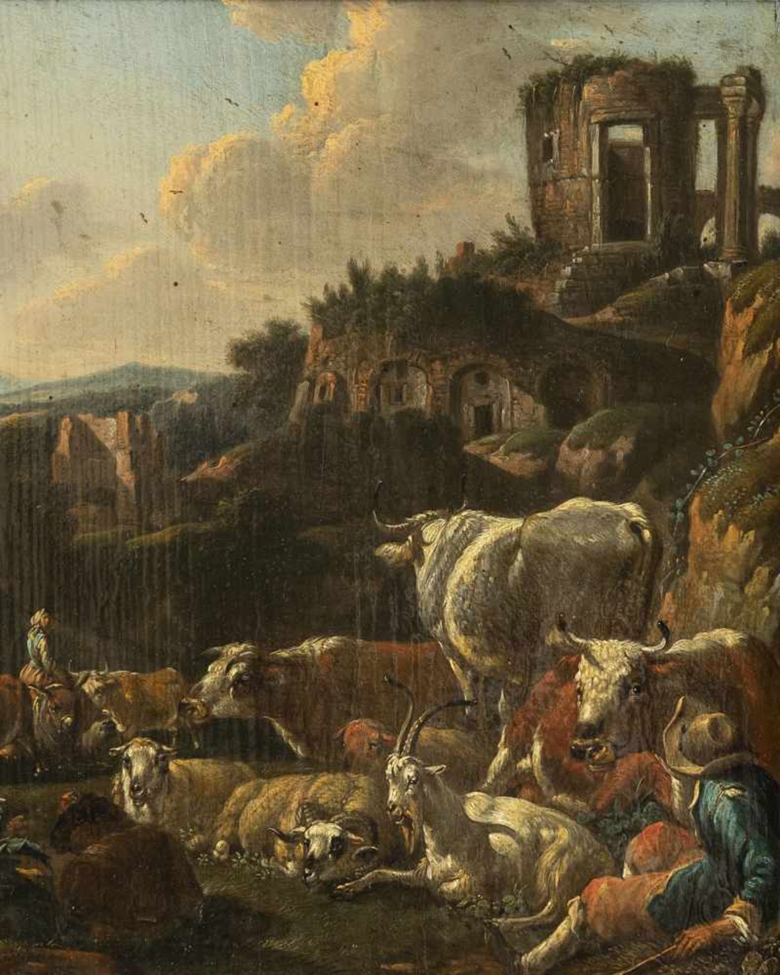 ROOS, JOHANN HEINRICH (follower, 1631-1685). Italianate landscape with animals, herders and ruins.