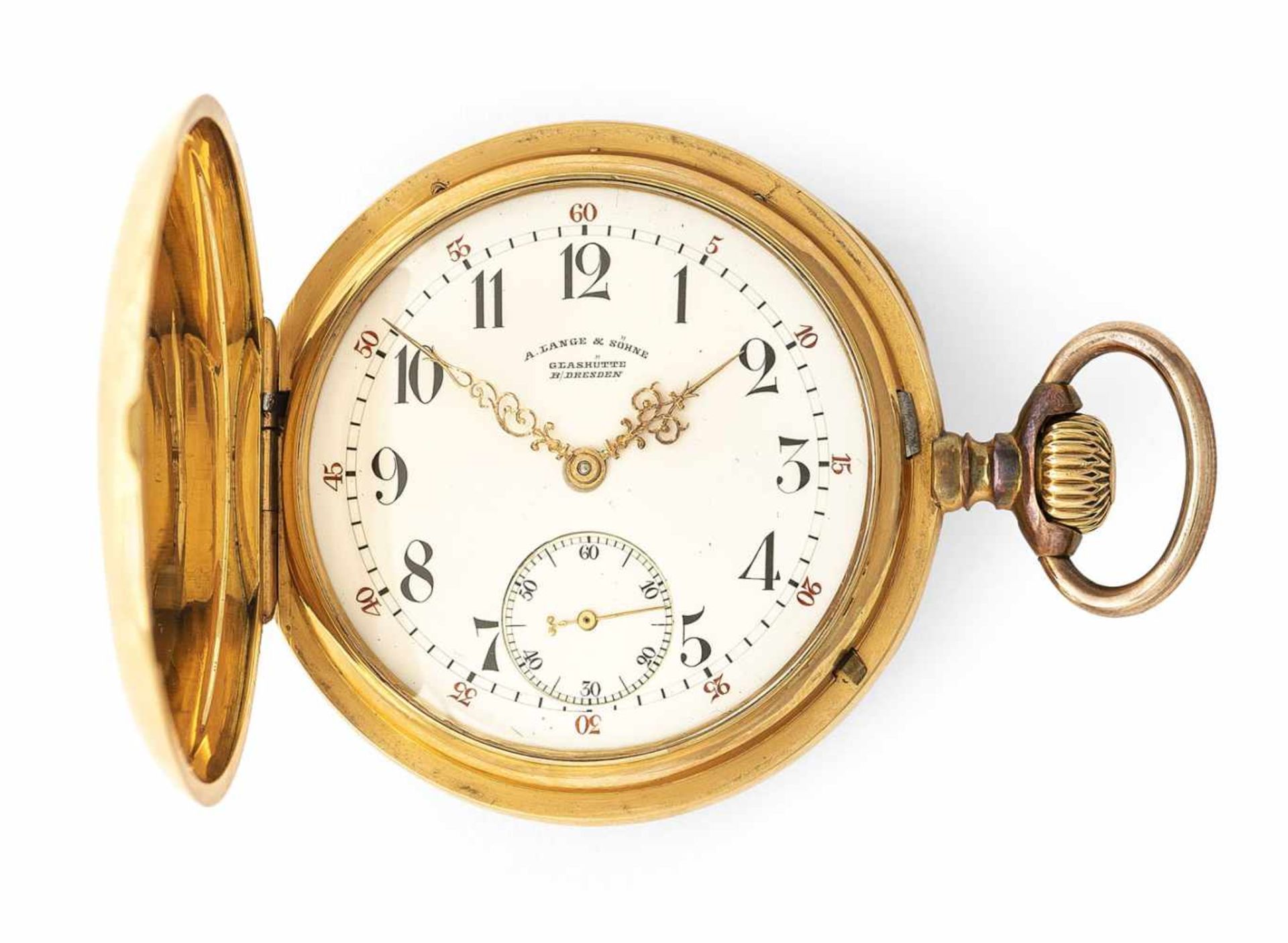 A gold savonette hunter pocket watch, signed A. Lange & Söhne Glashütte B. Dresden 30539, c. 1890.