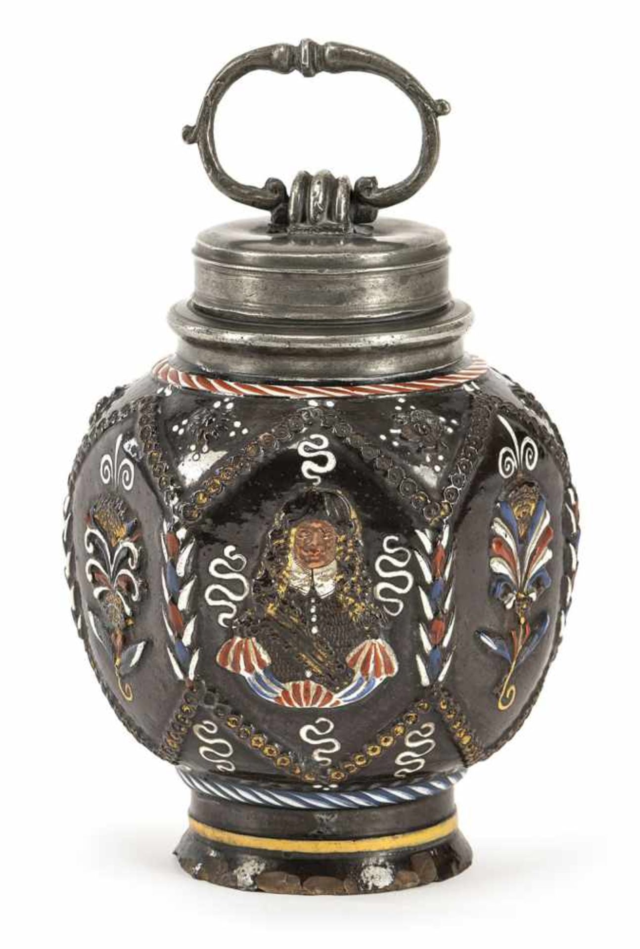 DIPPOLDISWALDE POLYCHROME PAINTED DARKBROWN STONEWARE SCREW BOTTLE, c. 1670/80. Pewter mounts marked