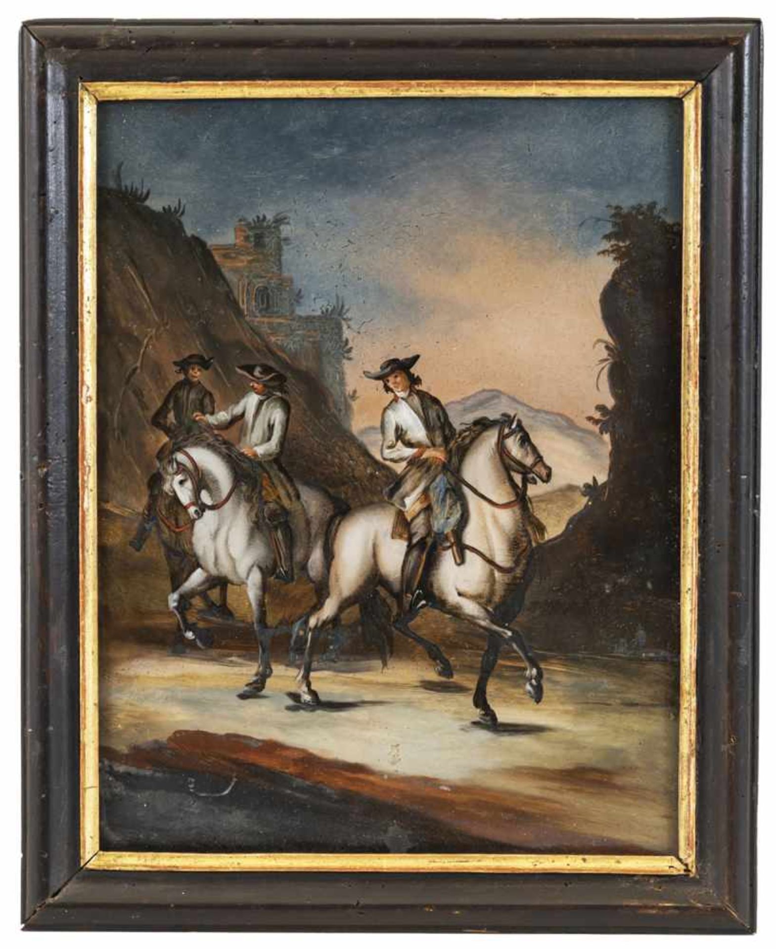 A GLASS PAINTING ON REVERSE depicting three horseman in a valley, probably Augsburg, c. 1760/70. - Bild 2 aus 2