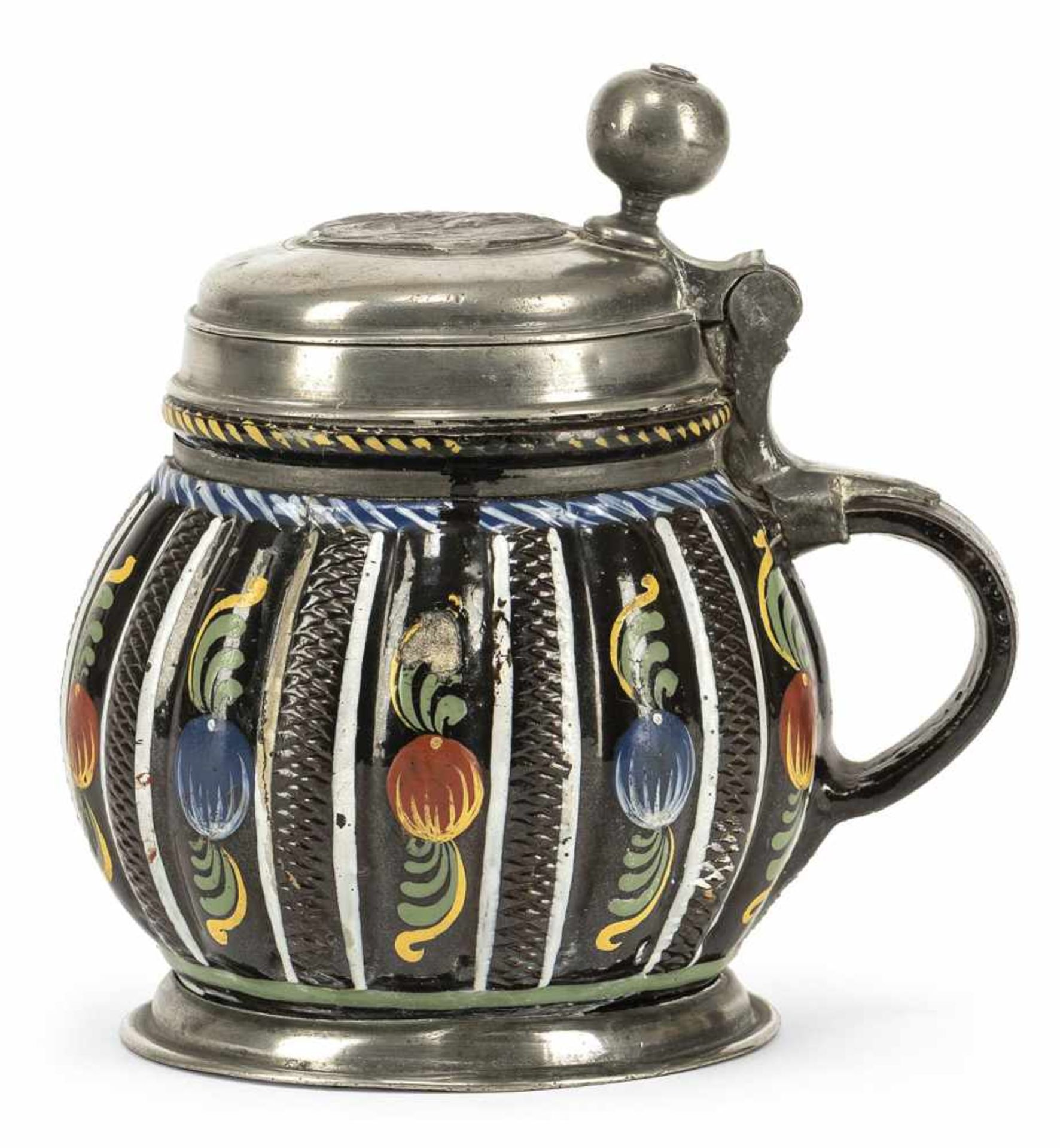 DIPPOLDISWALDE BROWN STEIN, polychrome pattern of pomegranates, pewter mounts. C. 1680. Damages.