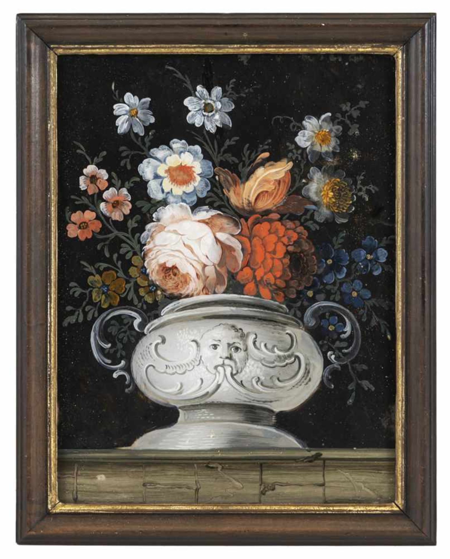 A GLASS PAINTING ON REVERSE, Augsburg, middle of 18th century. Stillife of flowers. Minor wear, min. - Bild 2 aus 2