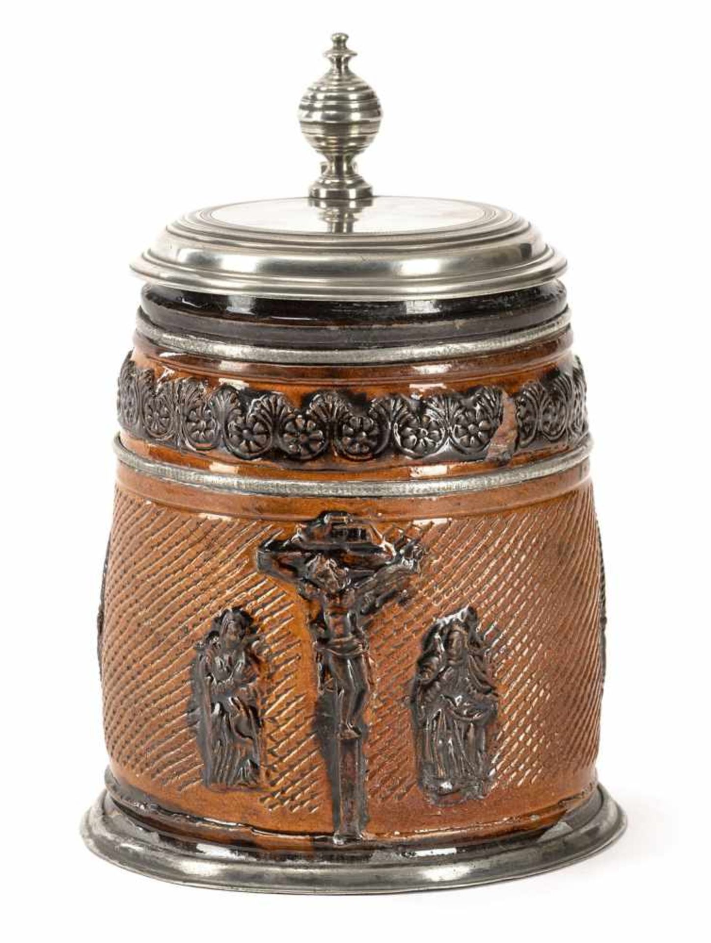 A BIG BROWN GLAZED STEIN, Saxony, 17th century. With relief shaped crucifixtion group at the front - Image 3 of 3