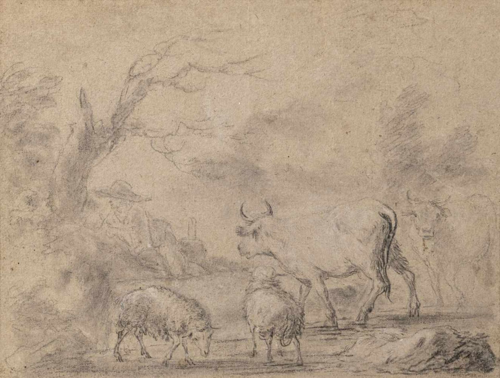 BERCHEM, NICOLAES (follower, 1620-1683). A herdsman with cows and sheep. Black chalk/paper,