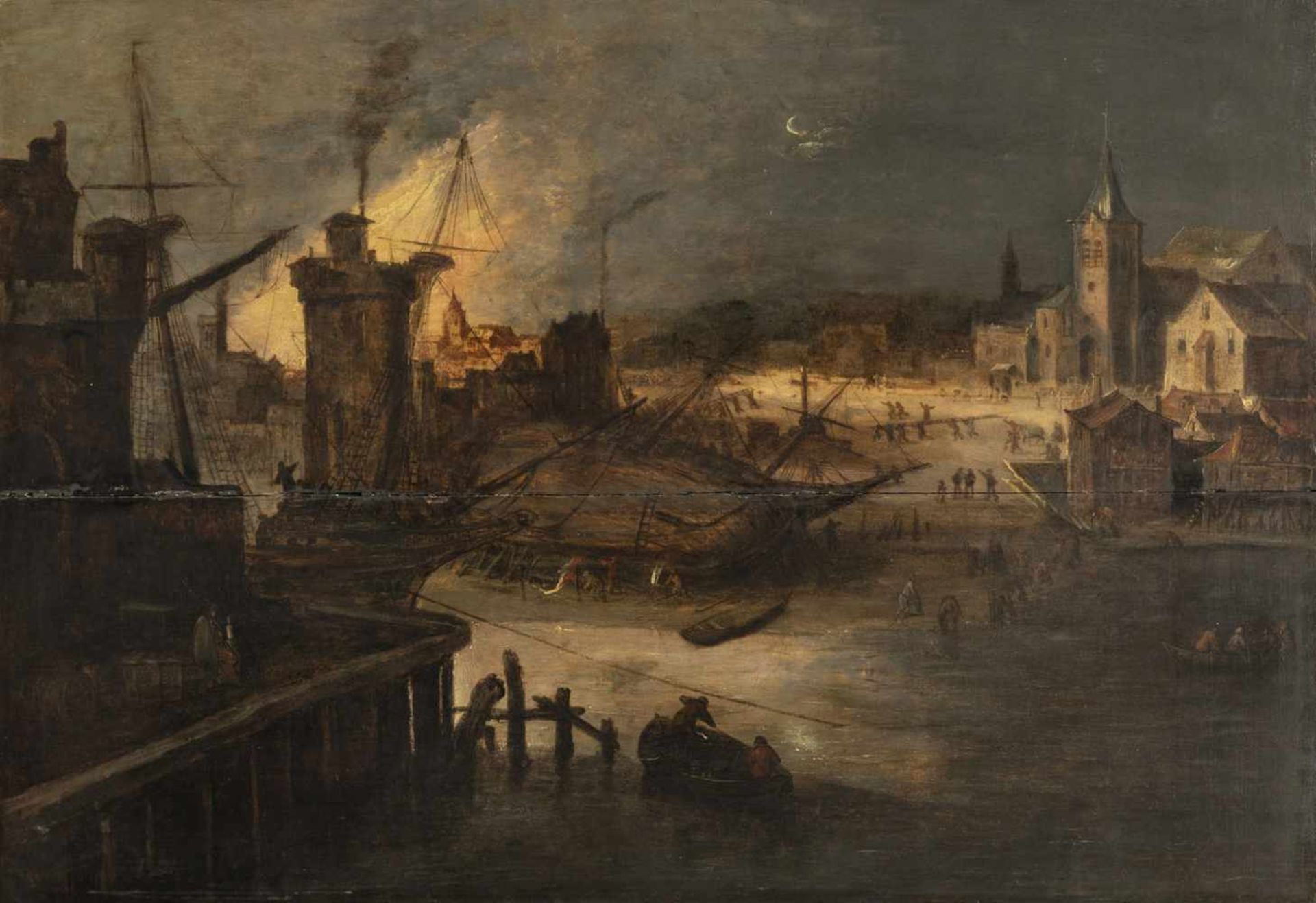 HEIL, DANIEL VAN (attr., 1604-1662). A shipyard in a harbour with a nightly conflagration. Oil/