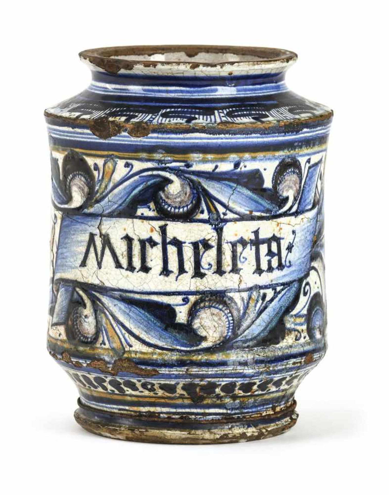 AN EARLY ITALIAN MAIOLICA PHARMACY JAR "ALBARELLO", Faenza, 15th century. Scientific inscription and