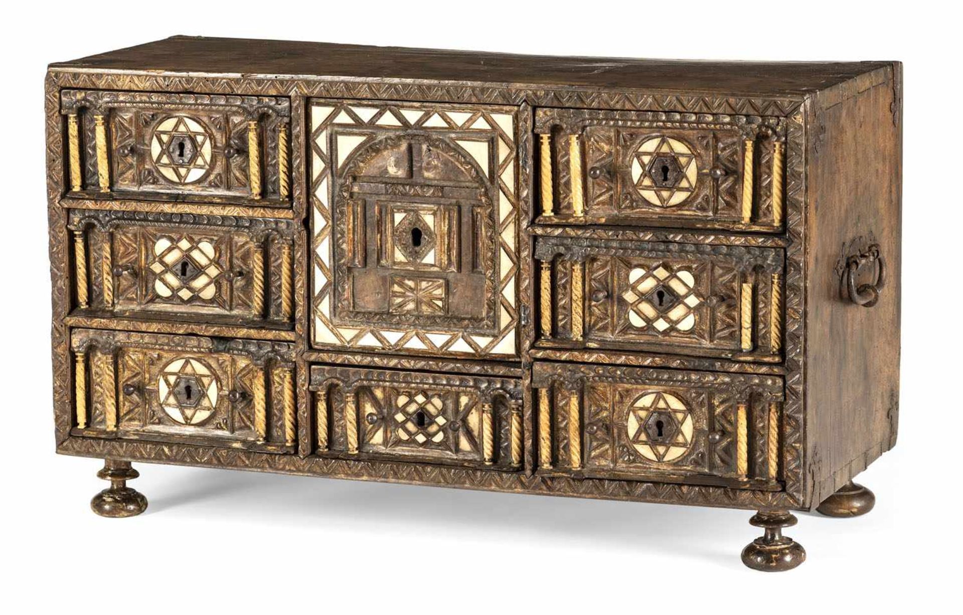 A Renaissance iron mounted, bone inlaid walnut cabinet, Spain, c. 1600. Rest. Add. Minor damages. - Bild 2 aus 7