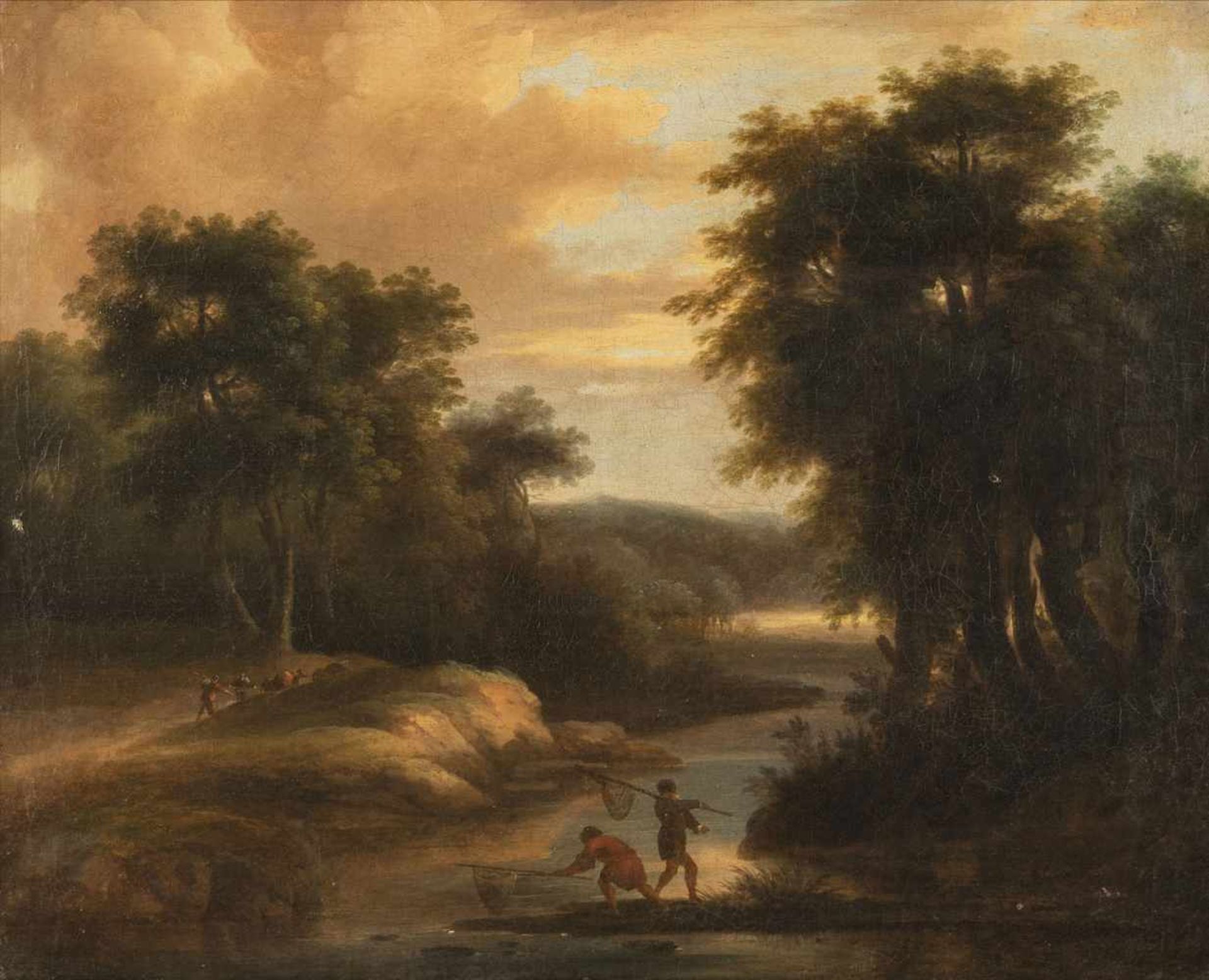 GELLEE, CLAUDE DIT LE LORRAIN (circle, 1600-1682). River landscape with fishermen at evening