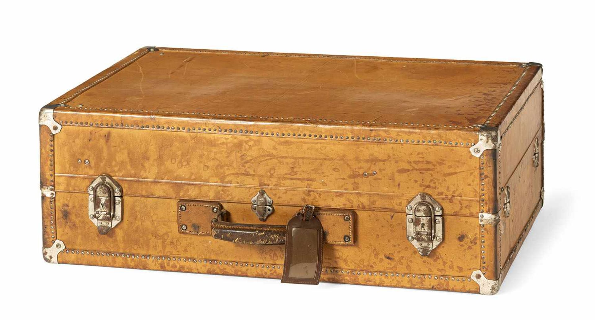 VINTAGE LEATHER SUITCASE, early 20th century. Damages due to age, worn.