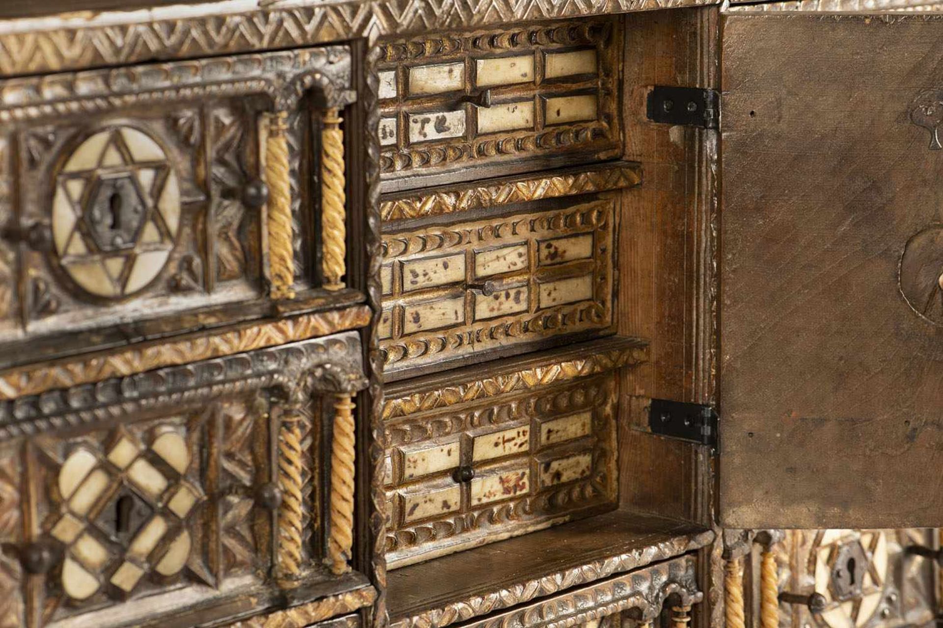 A Renaissance iron mounted, bone inlaid walnut cabinet, Spain, c. 1600. Rest. Add. Minor damages. - Bild 7 aus 7