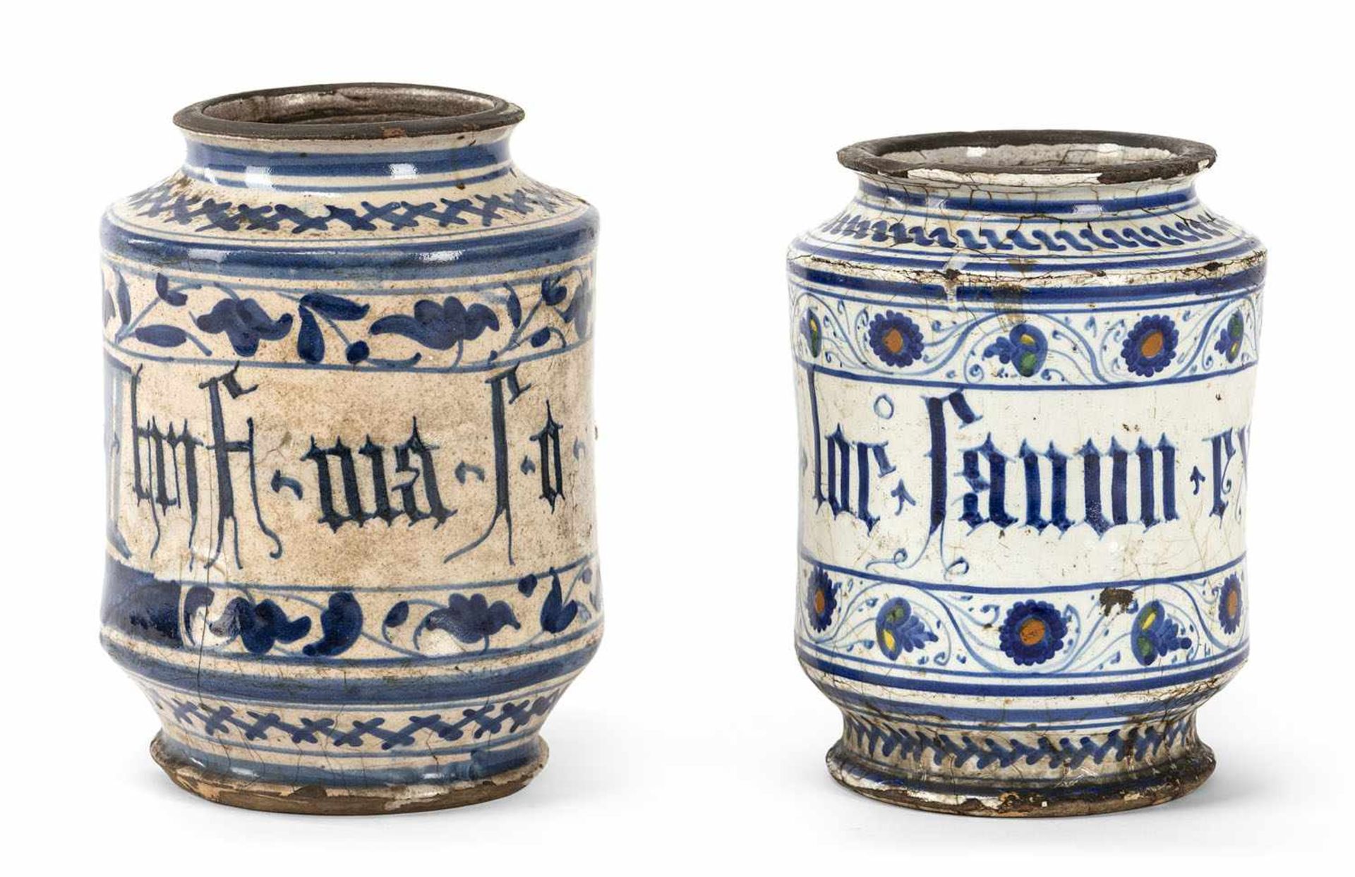 TWO ITALIAN BLUE AND WHITE AND POLYCHROMY PAINTED AND INSCRIBED MAIOLIKA ALBARELLI, VENICE OR