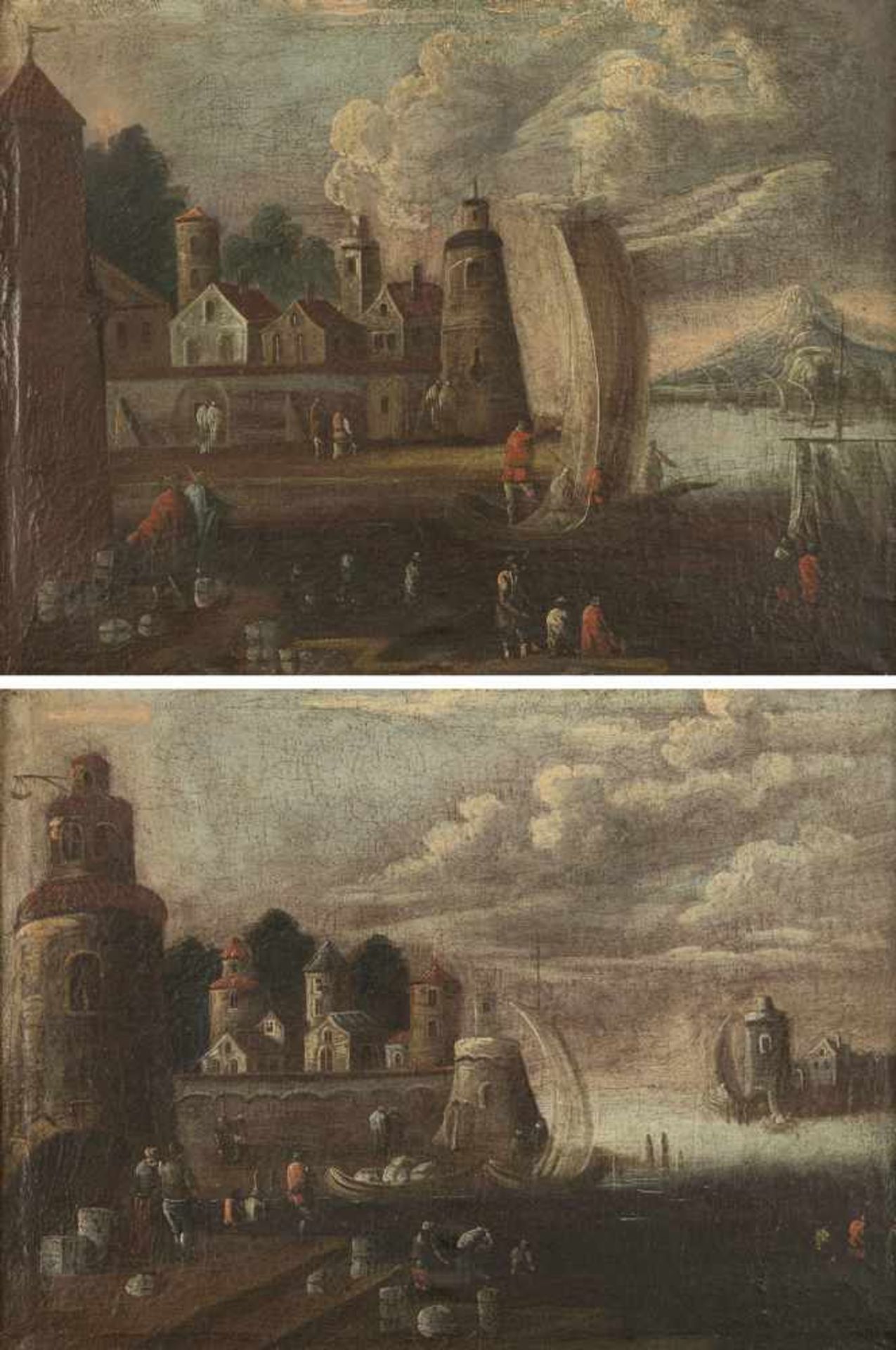 GERMANY (18th ct.). Two river landscapes with architecture, ships and merchants. Oil/canvas. Rest.