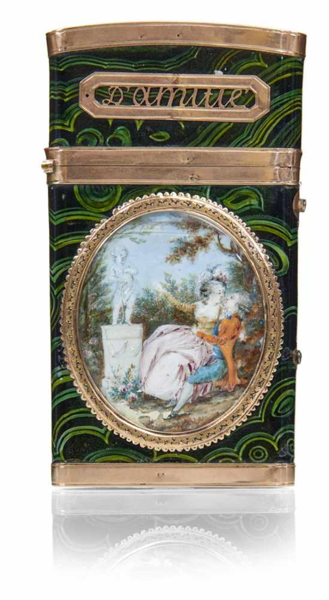 FRENCH GOLD MOUNTED AND ENAMELLED NECESSAIRE, c. 1780/85. Oval miniature painting on ivory depicting