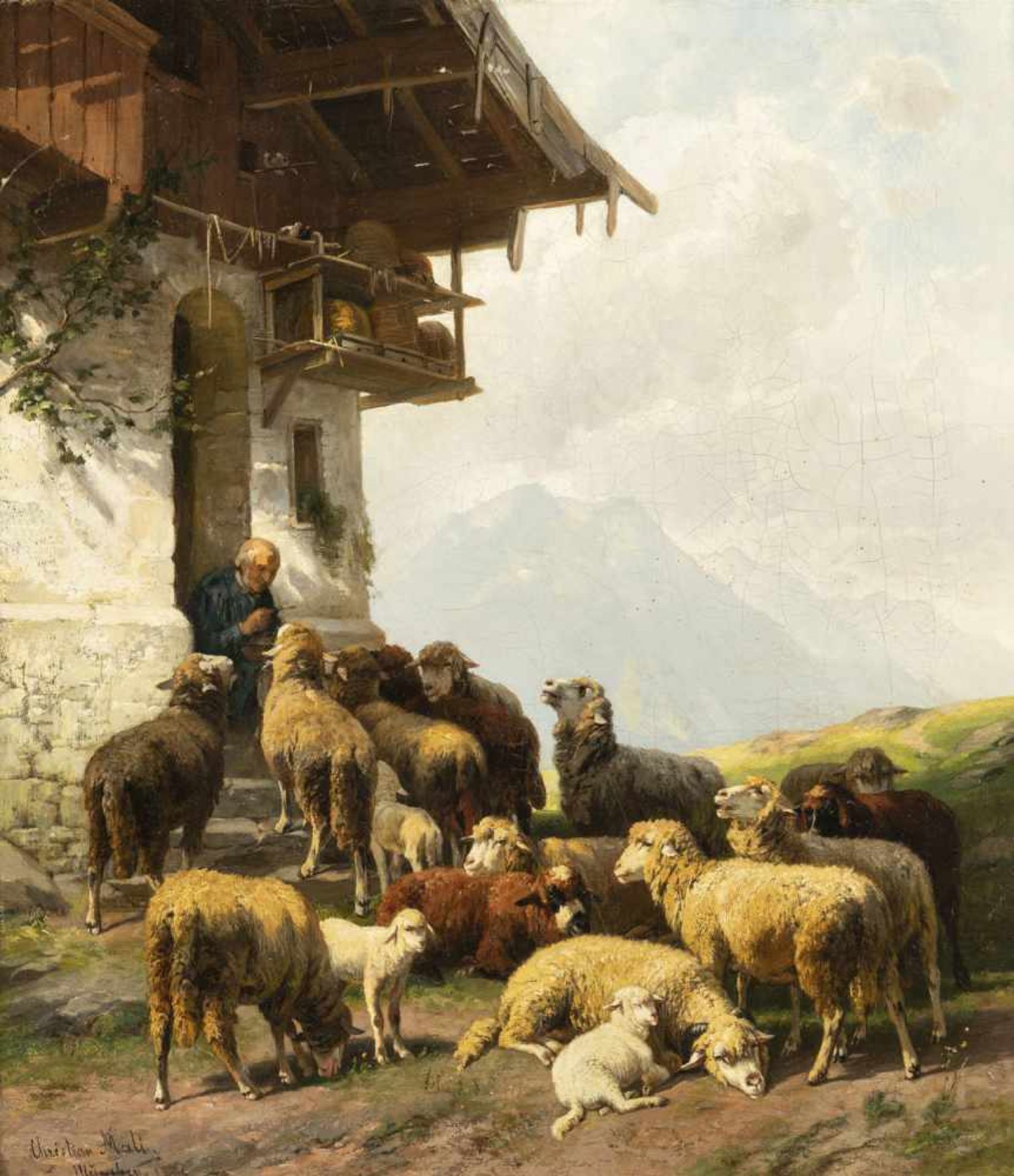 MALI, CHRISTIAN (1832-1906). A shepherd with his flock at a house entrance. Oil/canvas/canvas,