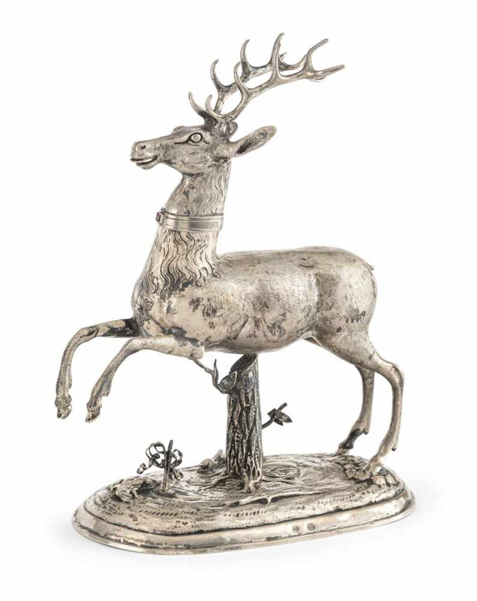 A BAROQUE STYLE DEER SHAPED SILVER DRINKING GAME, late 19th/early 20th century. Apocryphal Nuremberg