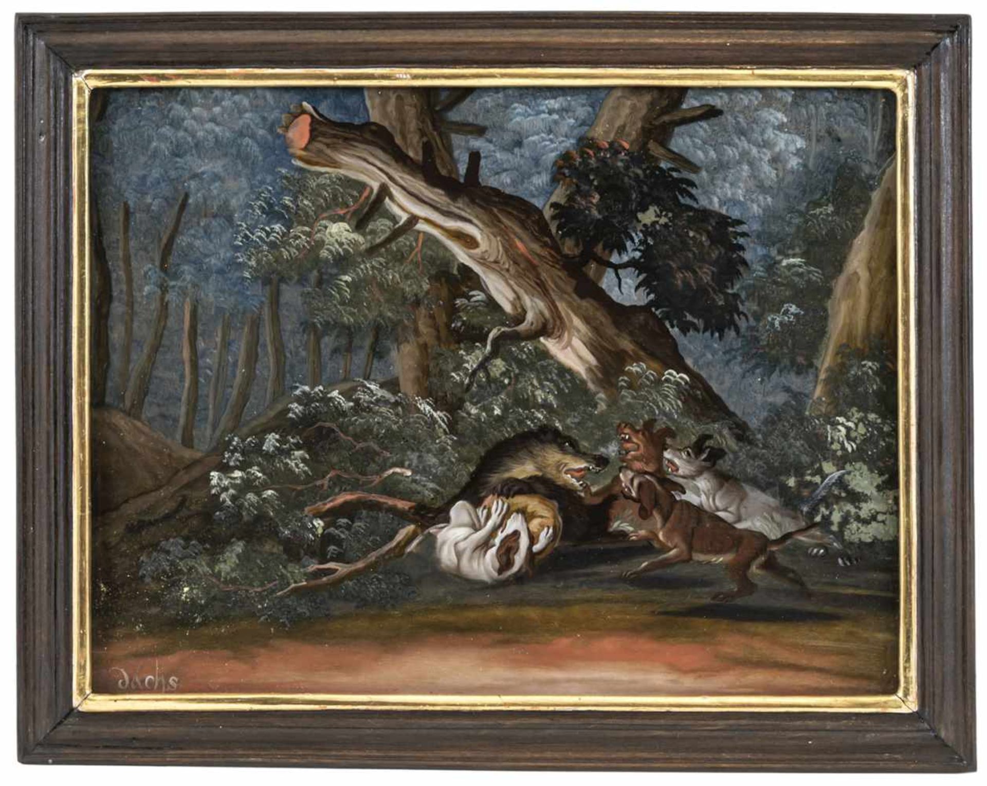 A GLASS PAINTING ON REVERSE dipicting a brock hunt, Augsburg, 2nd half of 18th century. After a - Bild 2 aus 2