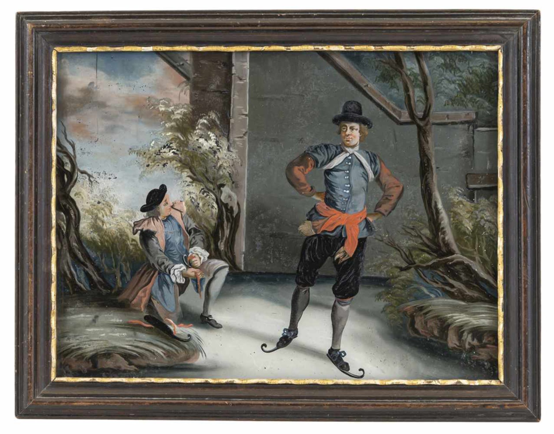 A GLASS PAINTING ON REVERSE depicting Dutch ice skater, Augsburg, middle of 18th century. Minor - Bild 2 aus 2