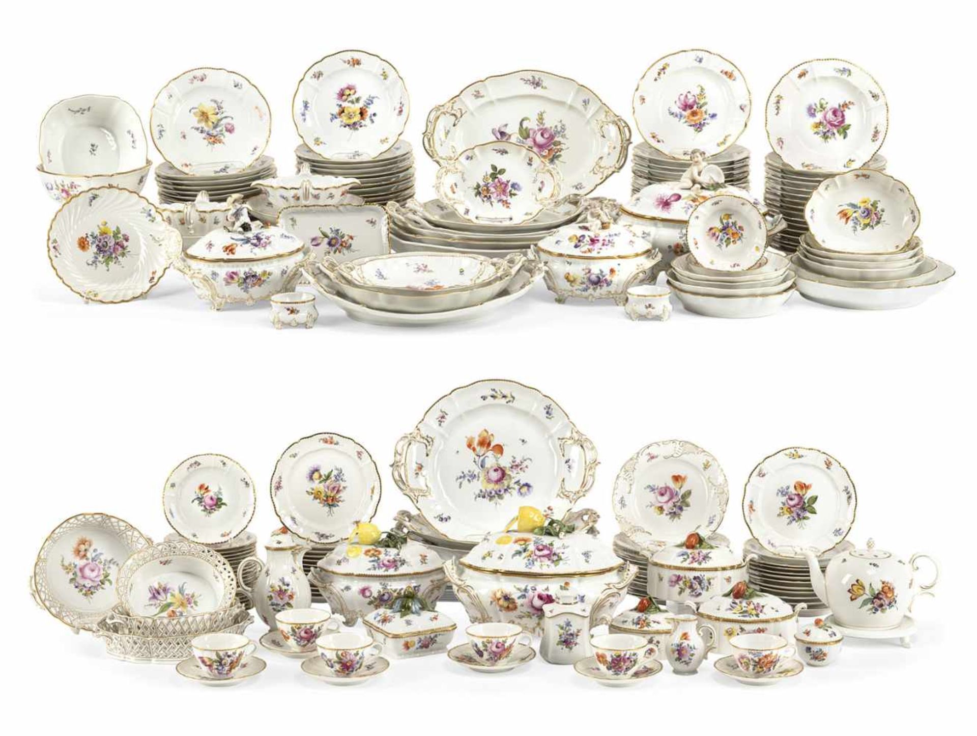 A NUMEROUS NYMPHENBURG FLORAL AND GOLD PATTERN (ROKOKO MODEL) DINNER AND COFFEE SERVICE, various