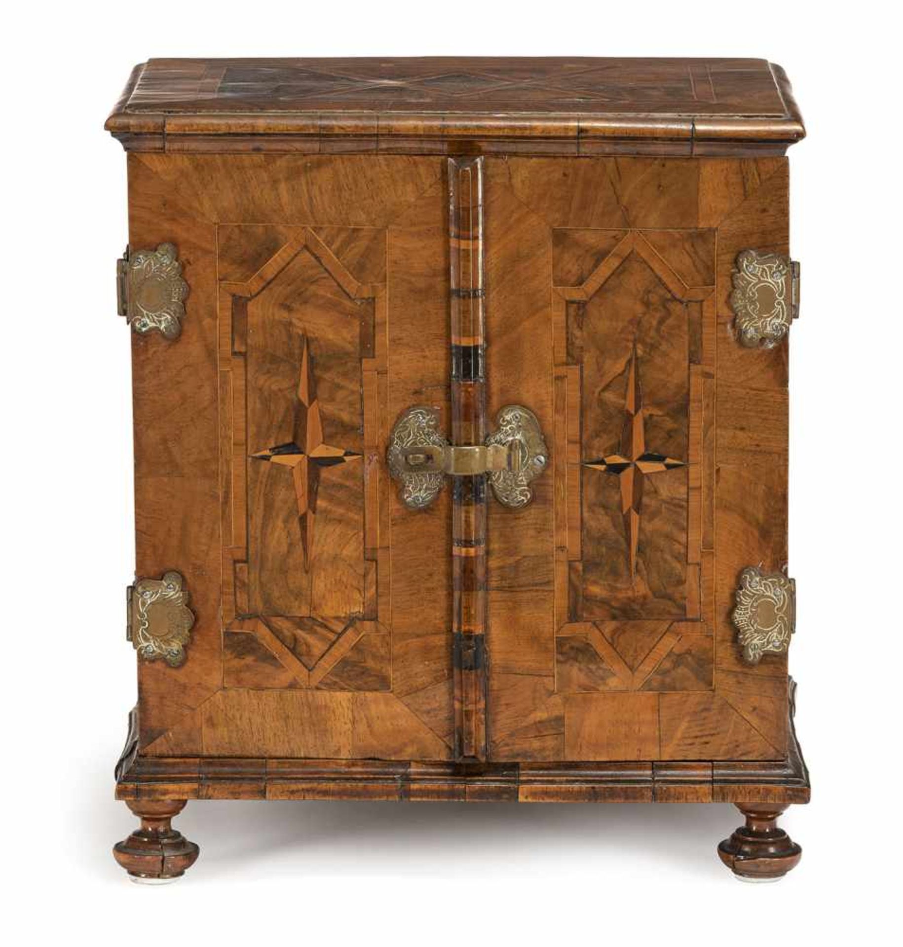 A Baroque brass mounted walnut and plum cabinet, Germany, 18th ct. Rest. Signs of aging.