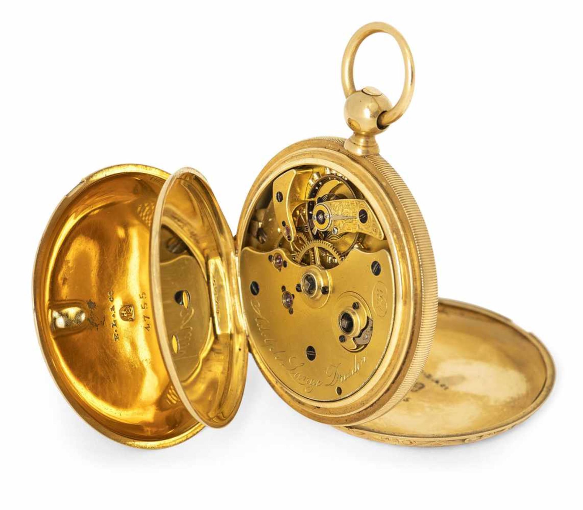 An 18ct. gold savonette hunter watch, signed Adolph Lange Dresden 4755, c. 1870. Fine engraved - Image 4 of 4