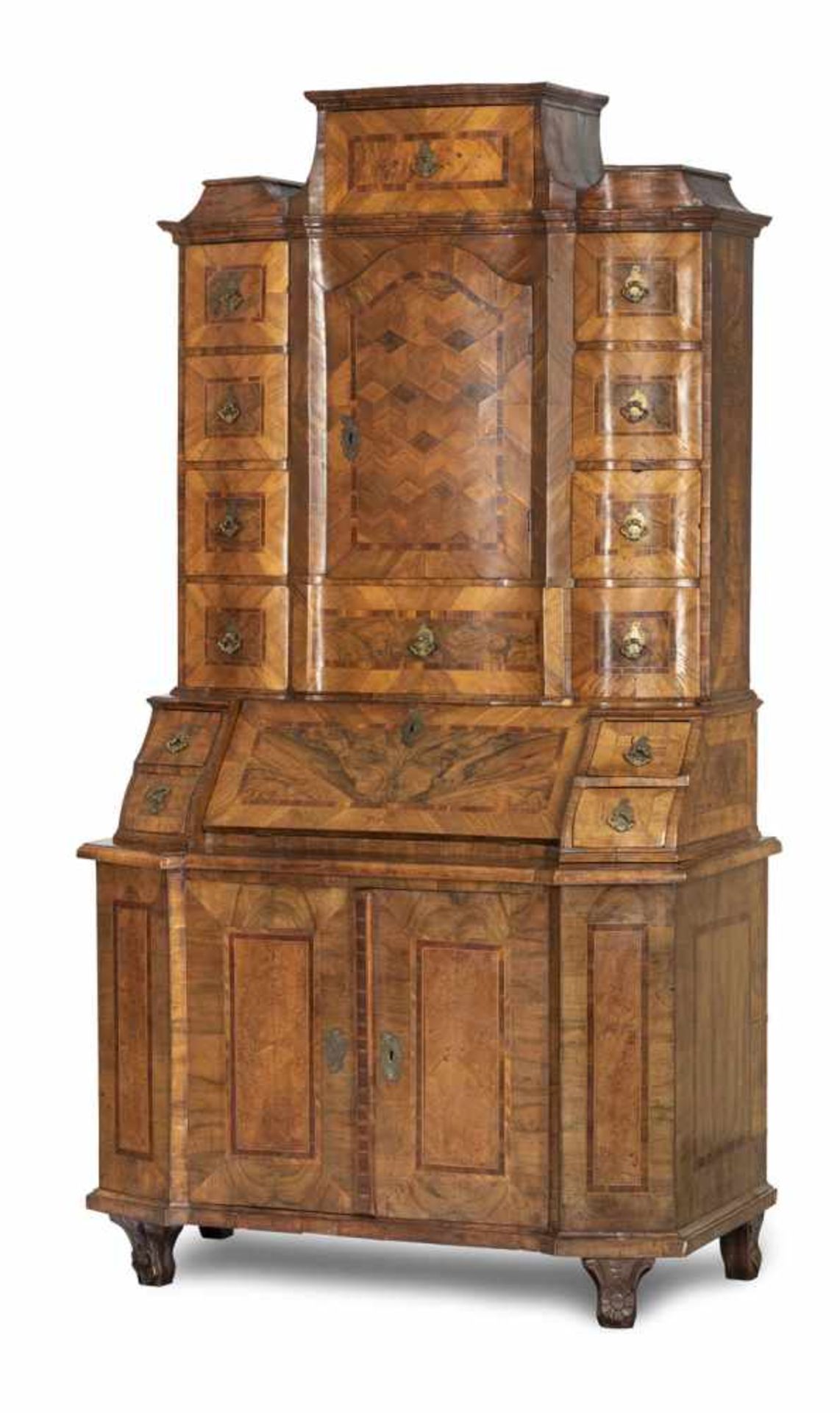 A Baroque brass mounted walnut and plum bureau cabinet, South Germany, mid 18th ct. Rest. Add. Signs