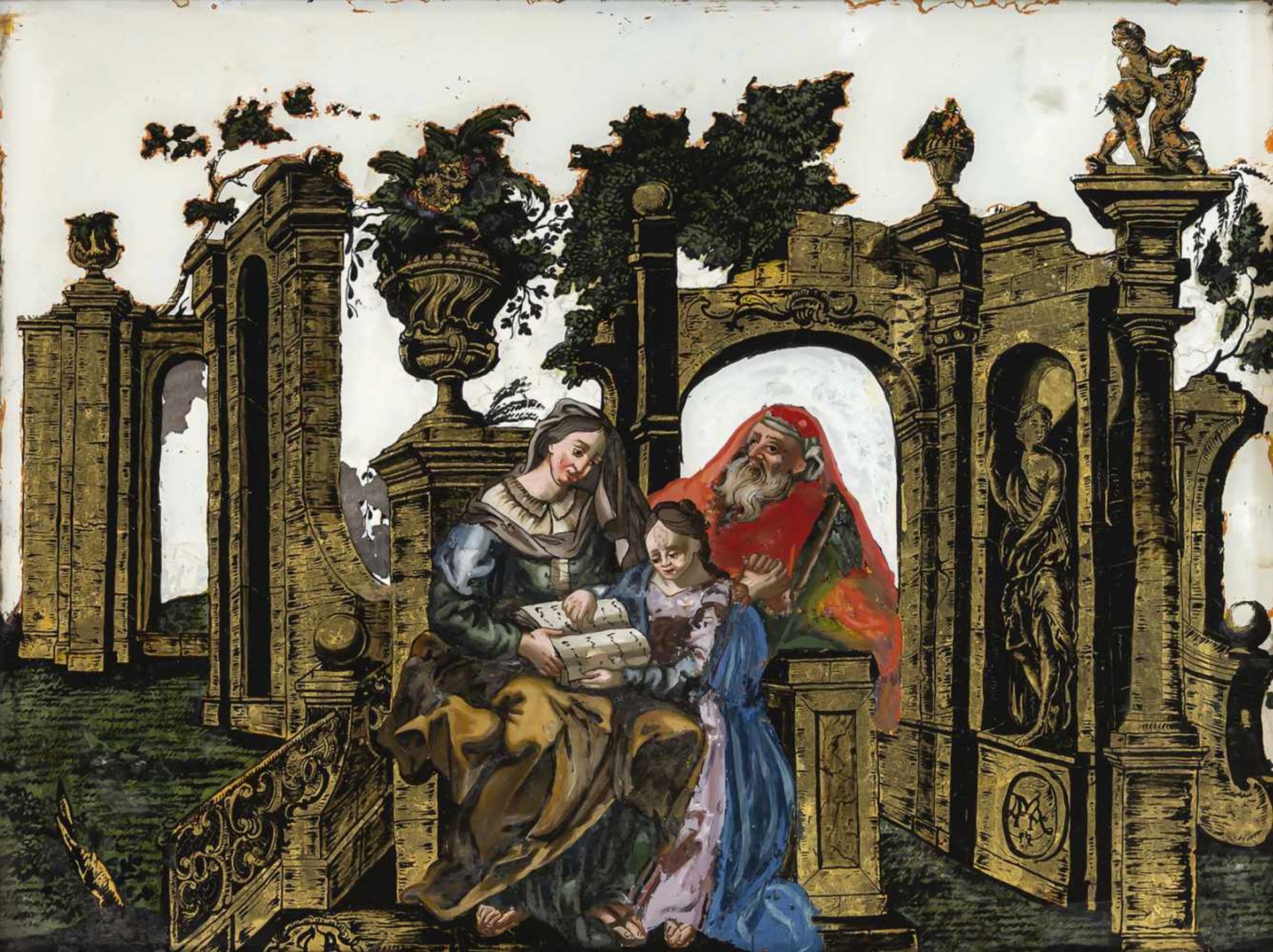 A GLASS PAINTING ON REVERSE AND EGLOMISÉ, depicting Joachim, Anne and Mary in front of Baroque