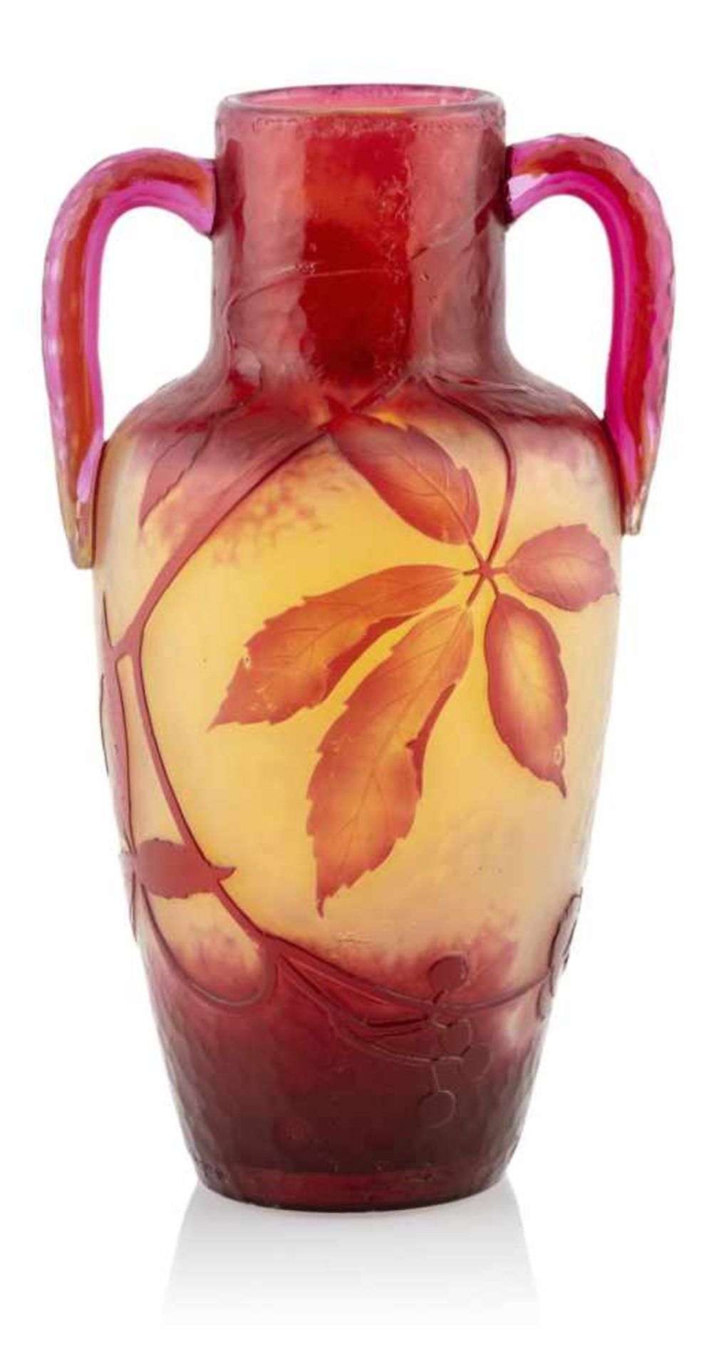 A DAUM CAMEO GLASS VASE WITH VIRGINIA CREEPER PATTERN, Nancy, c. 1900. Irregularities.