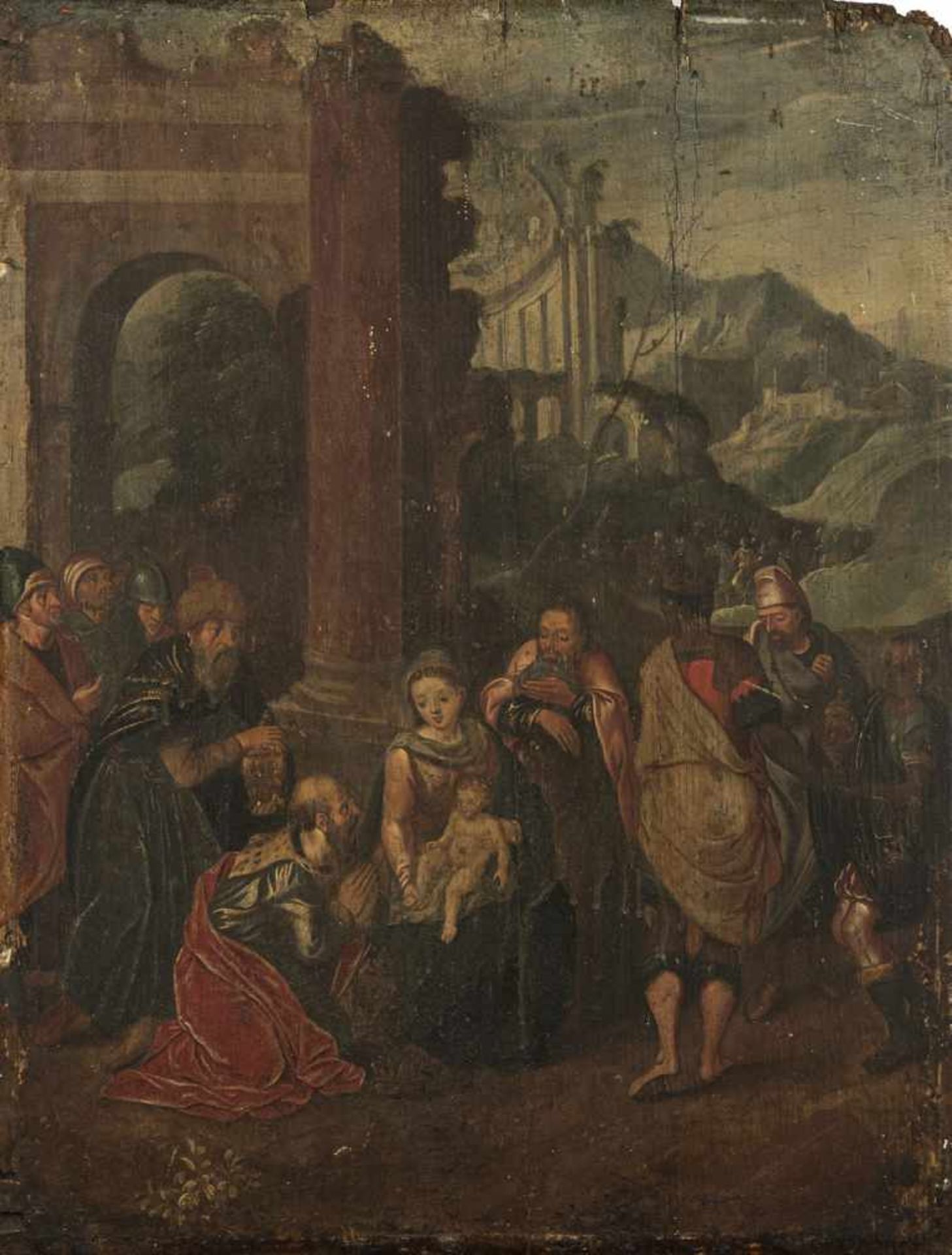 FLEMISH SCHOOL (17th ct.). The Adoration of the Magi. Oil/panel. Traces due to age, rest.