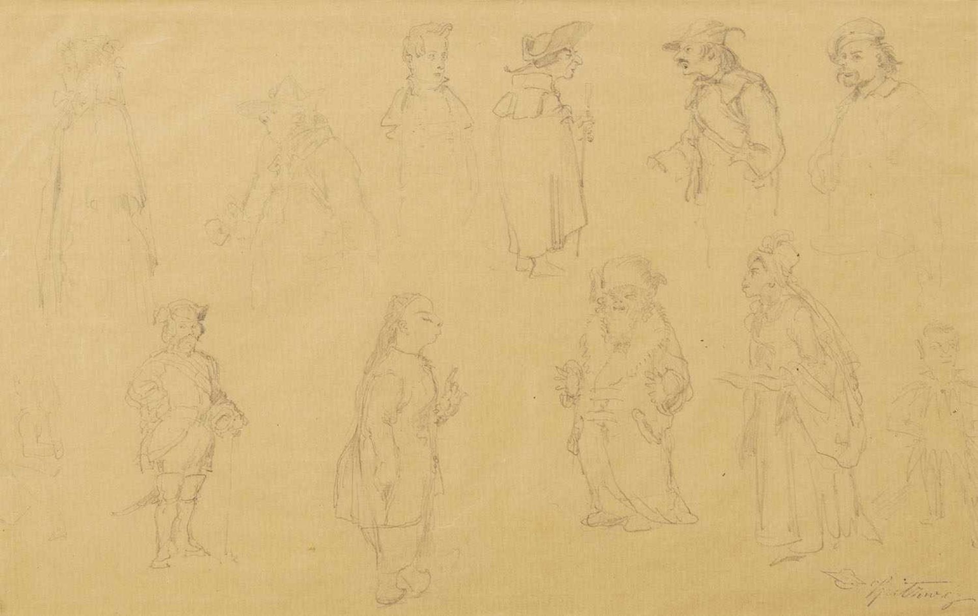 SPITZWEG, CARL (1808-1885). Sketch sheet with twelve studies. Pencil/paper, estate stamp.