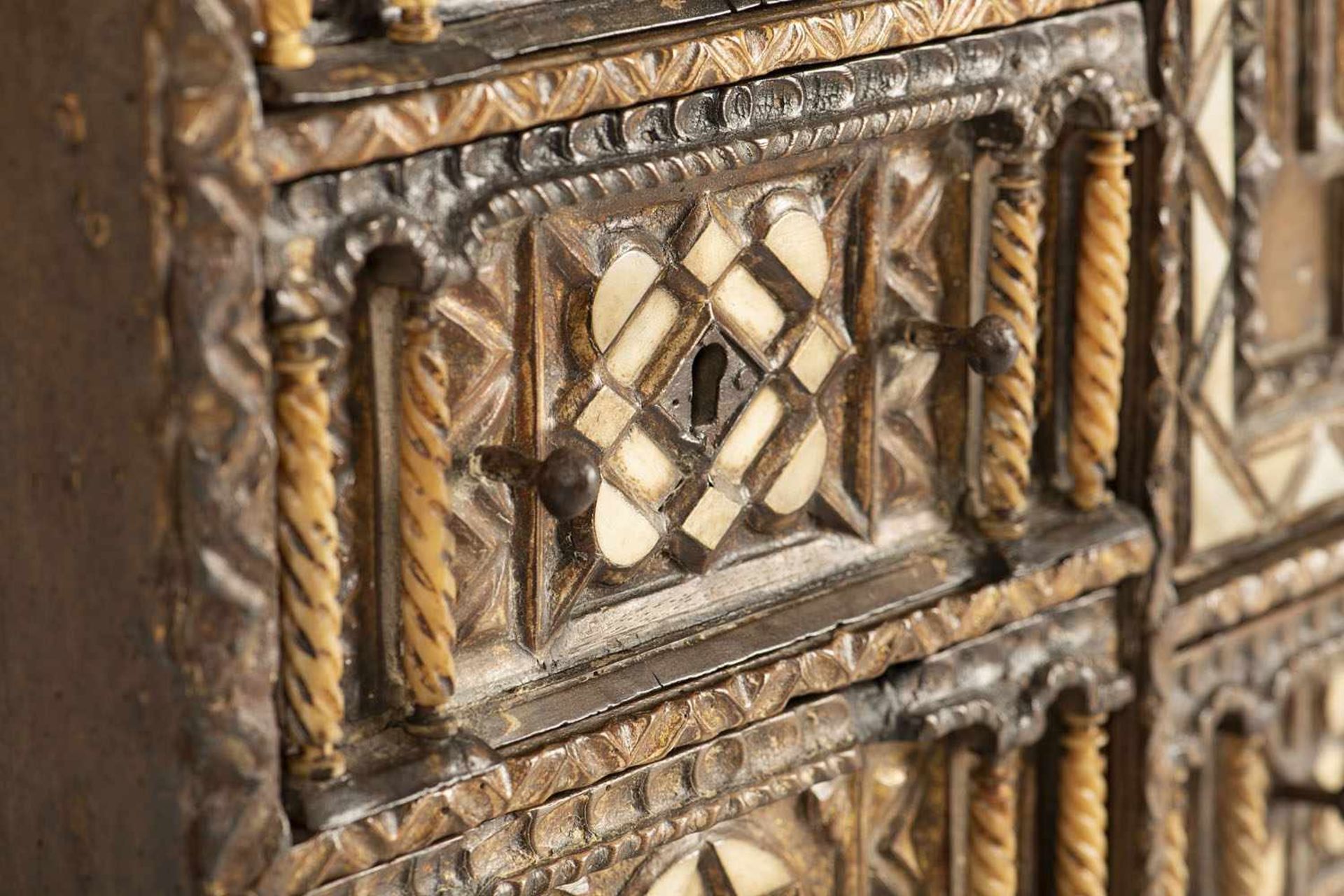 A Renaissance iron mounted, bone inlaid walnut cabinet, Spain, c. 1600. Rest. Add. Minor damages. - Bild 5 aus 7