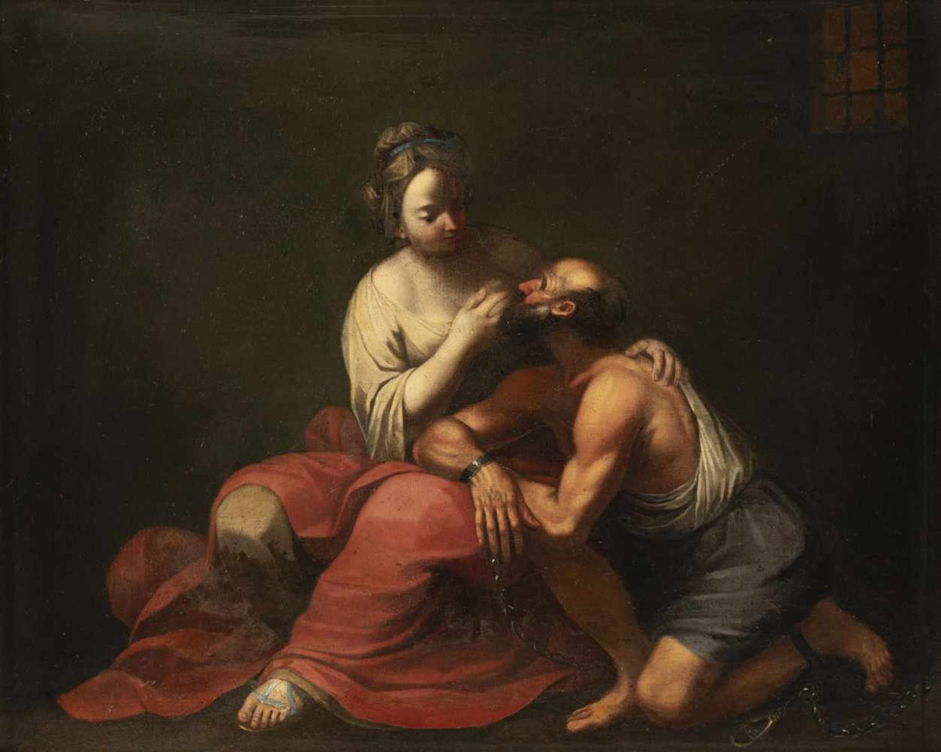 BOLOGNA (c.1700). Cimon and Pera (Roman Charity). Oil/canvas/canvas. Rest.