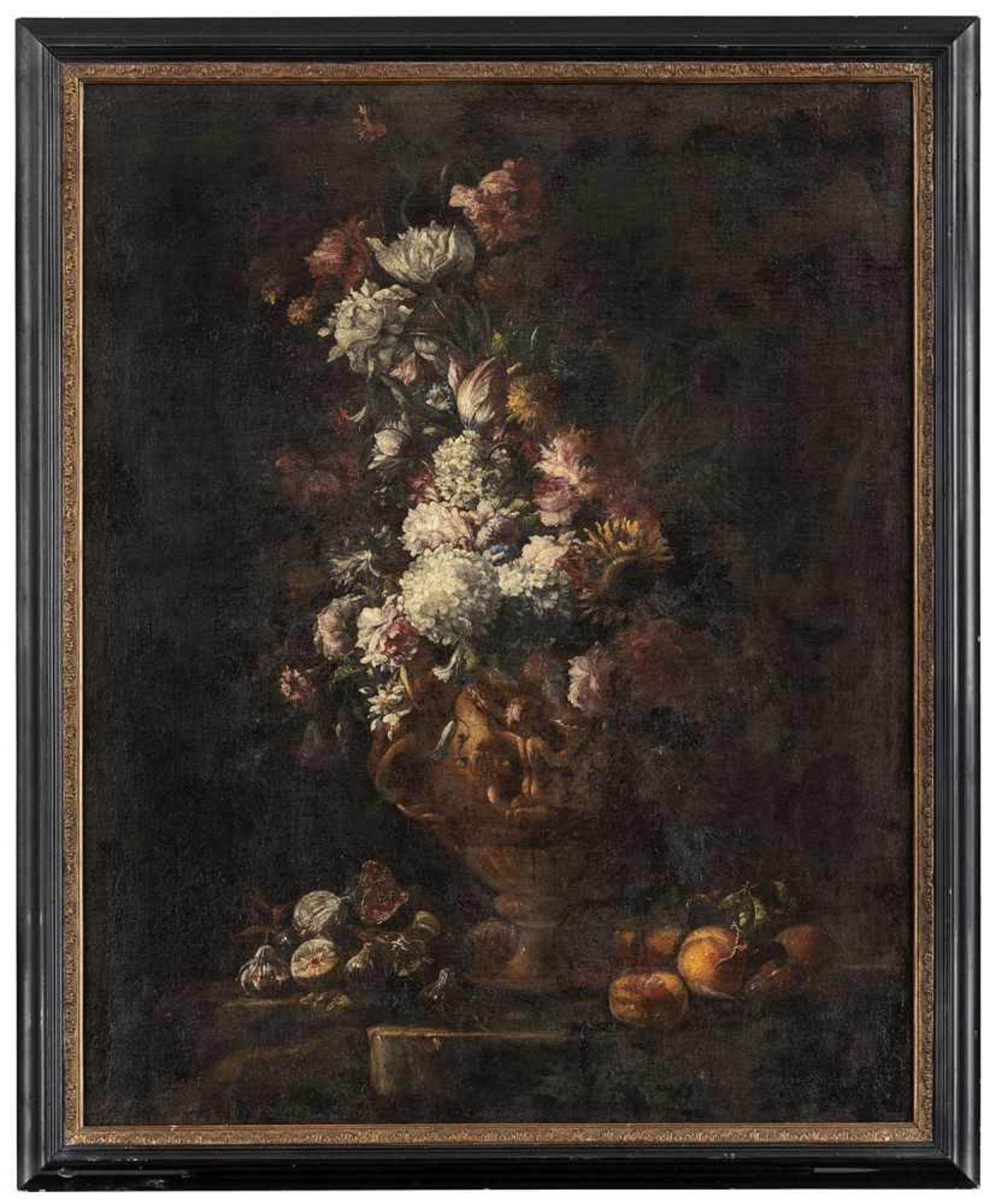 BIMBI, BARTOLOMEO (attr., 1648-1730). Still life of flowers in a relief pattern vase on a pedestal
