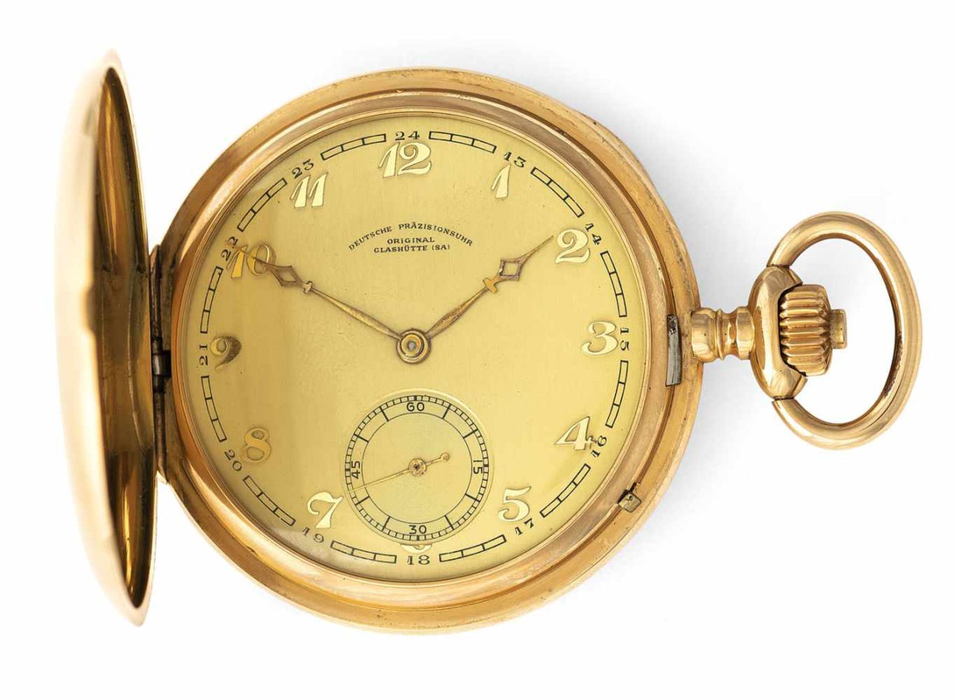 A gold pocket watch, signed Deutsche Präzisionsuhr Original Glashütte (SA), c. 1925. Gilt dial
