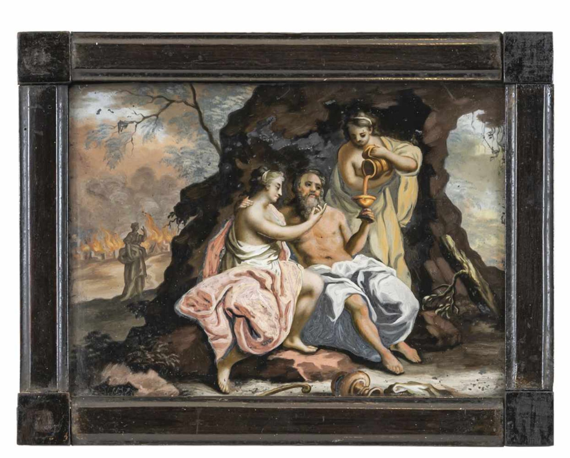 A GLASS PAINTING ON REVERSE depicting Lot and his Daughters, Augsburg, middle of 18th century. - Image 2 of 2