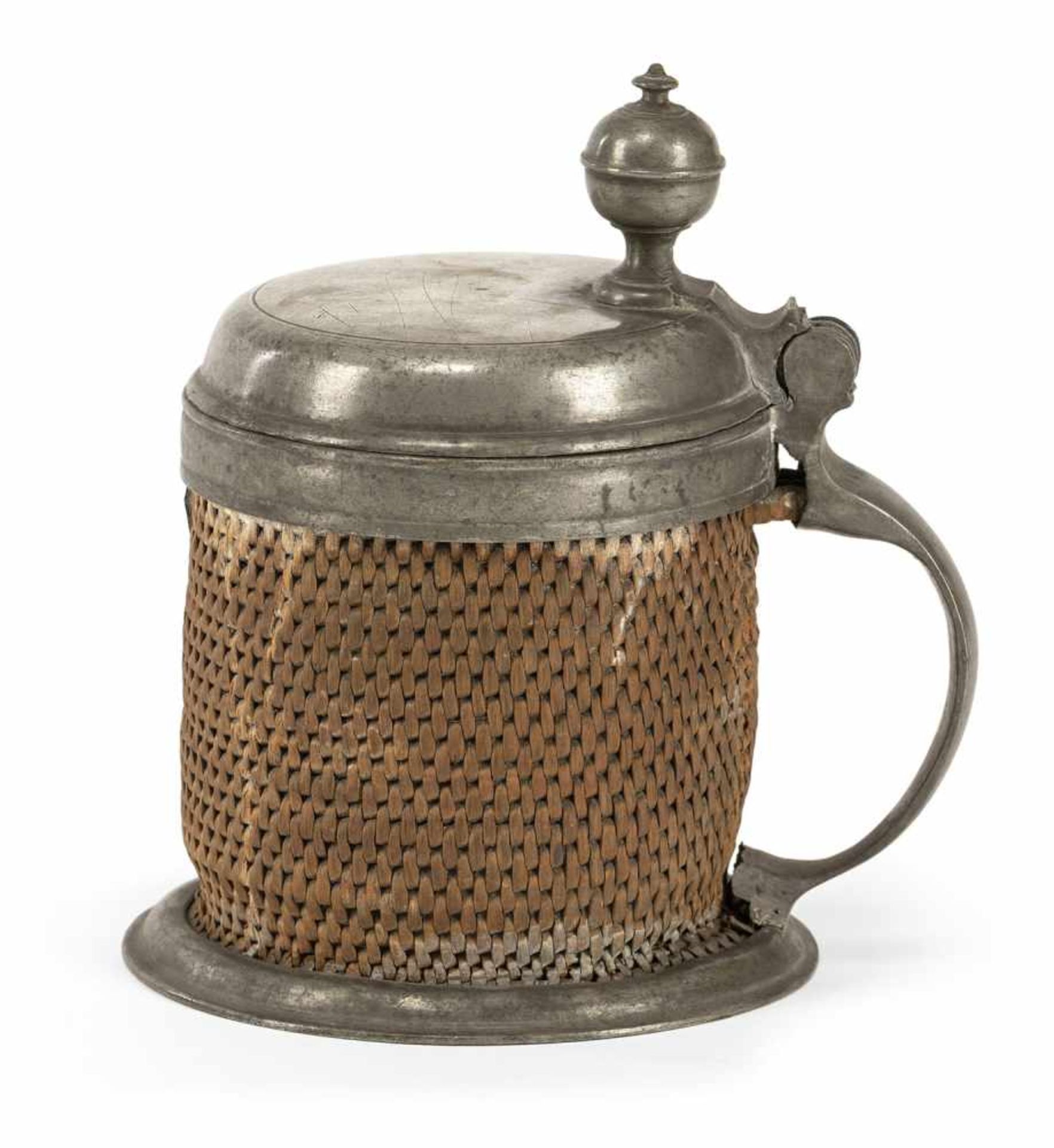 BAST WICKERWORK TANKARD WITH PEWTER MOUNTS, probably Bohemia, 18th century. Pewter with Karlsbad