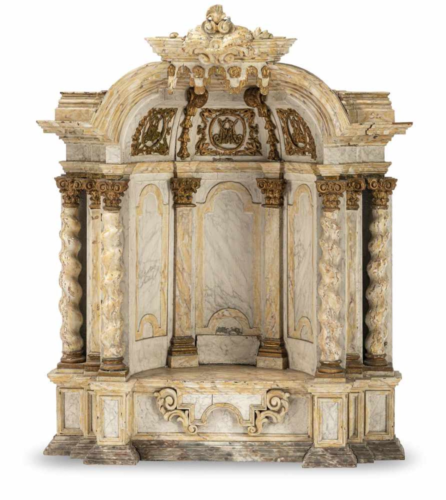 A splendid Baroque carved, painted and parcel gilt altar alcove, South Germany, 18th ct. Rest. Minor