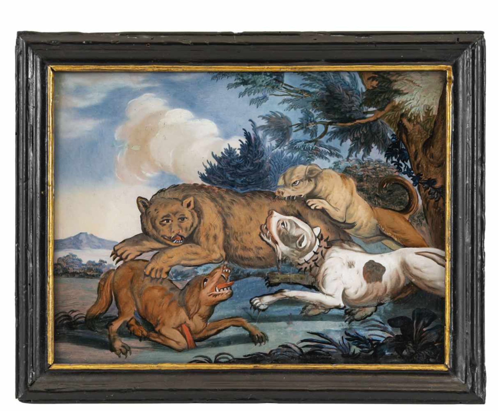 A GLASS PAINTING ON REVERSE depicting a bear hunting, probably Augsburg, middle of 18th century. - Image 2 of 2