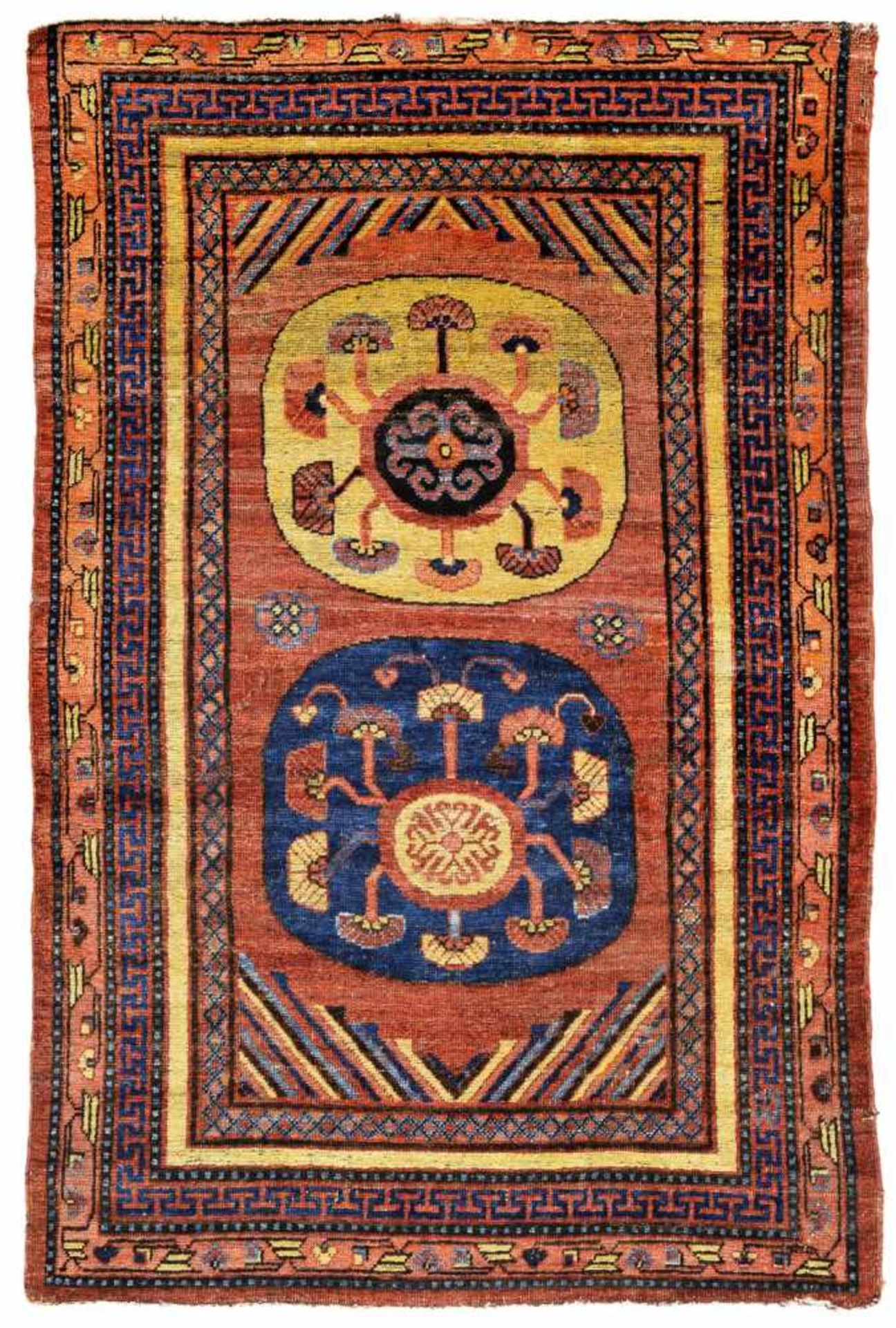 An antique Khotan rug, Eastern Turkestan, 1st half 19th ct. - Reweavings, minor damages, incomplete,