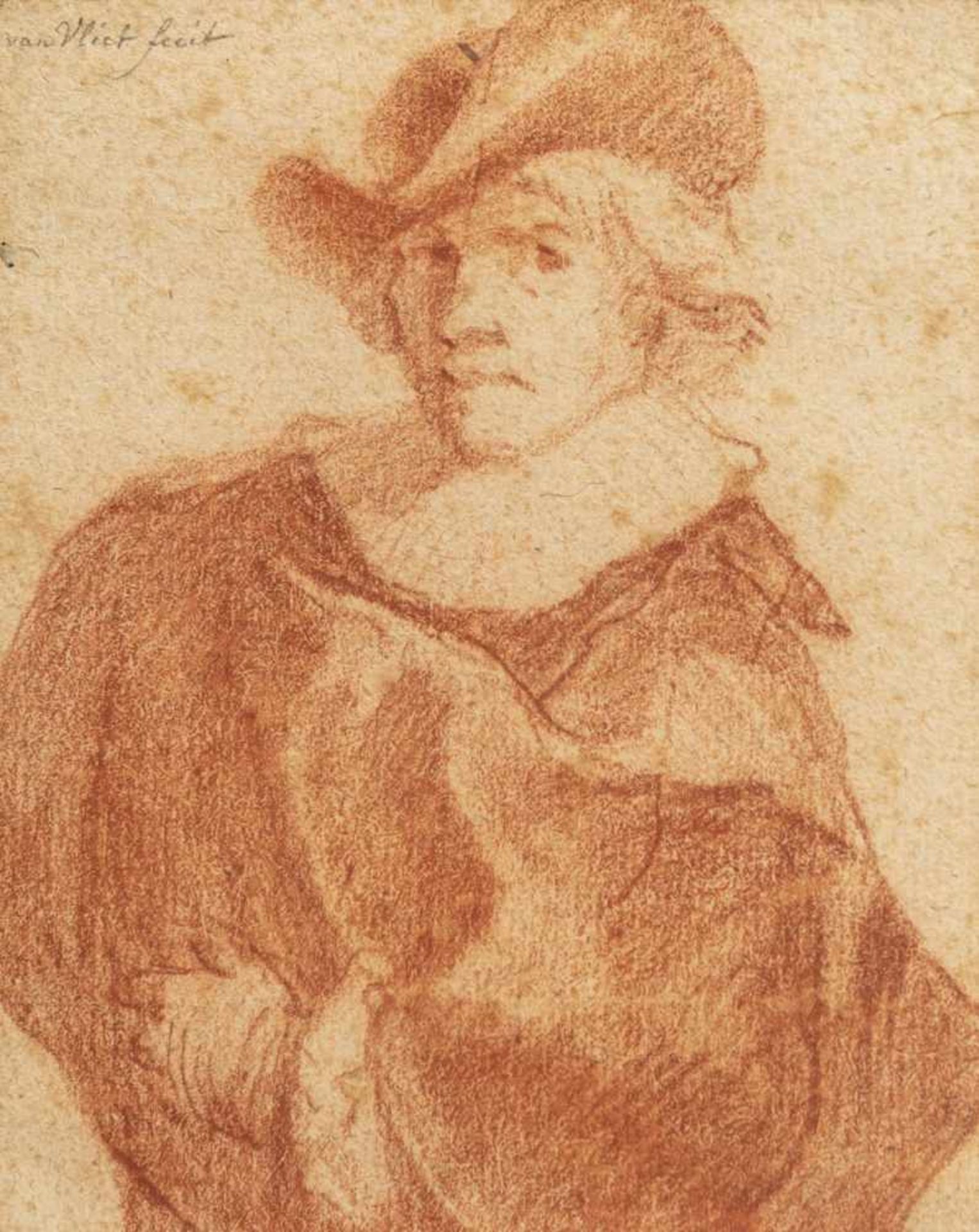 REMBRANDT, HARMENSZ. VAN RIJN (after, 1606-1669). Self portrait of Rembrandt. Red chalk/paper, in