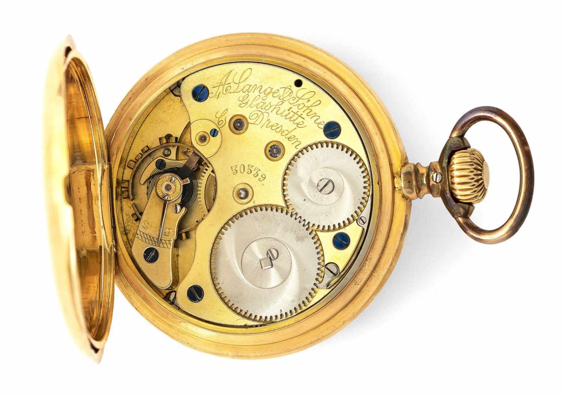 A gold savonette hunter pocket watch, signed A. Lange & Söhne Glashütte B. Dresden 30539, c. 1890. - Image 3 of 4